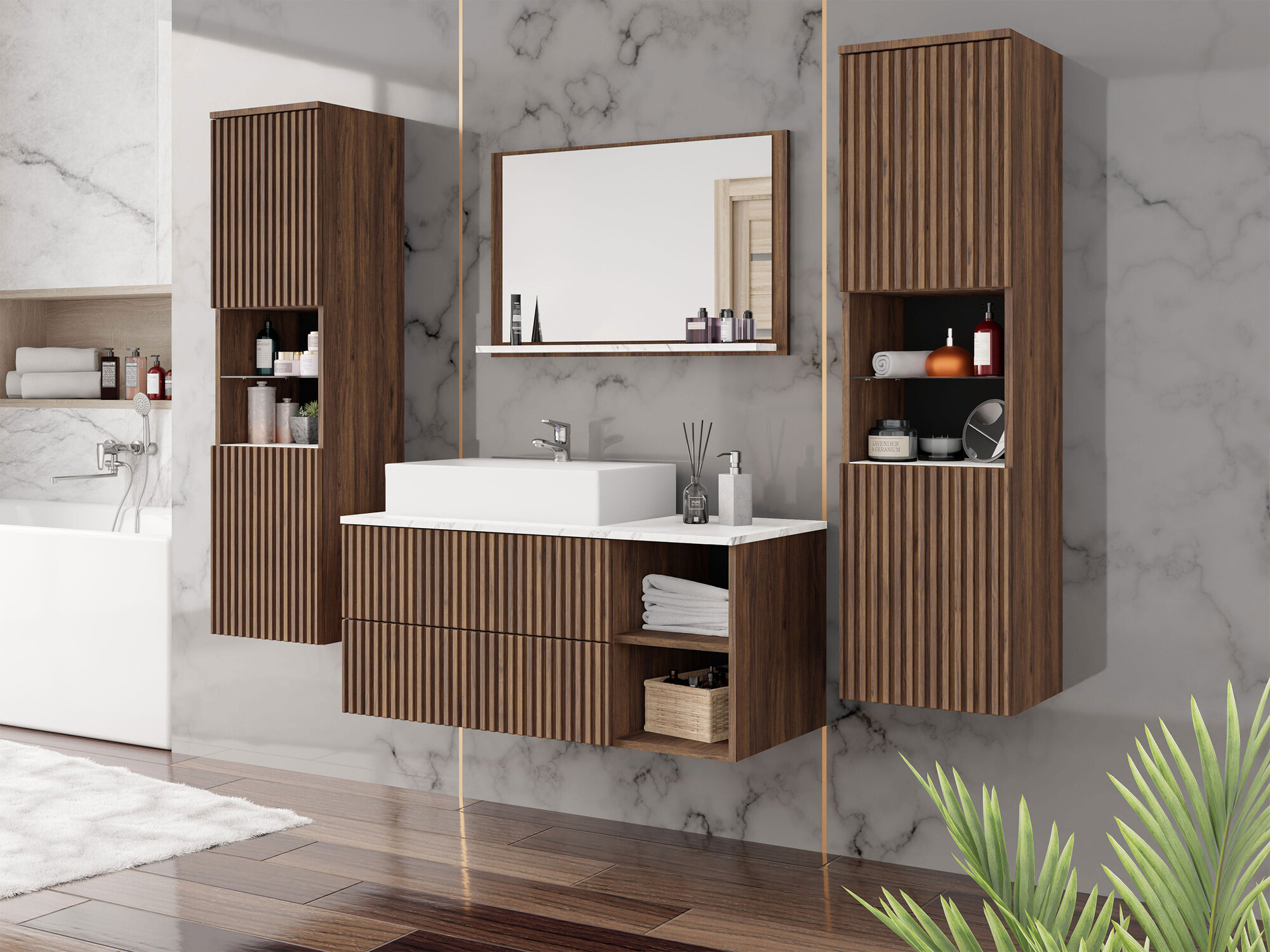 Conjunto de mueble de baño Nauta II (Nogal + Mármol blanco)