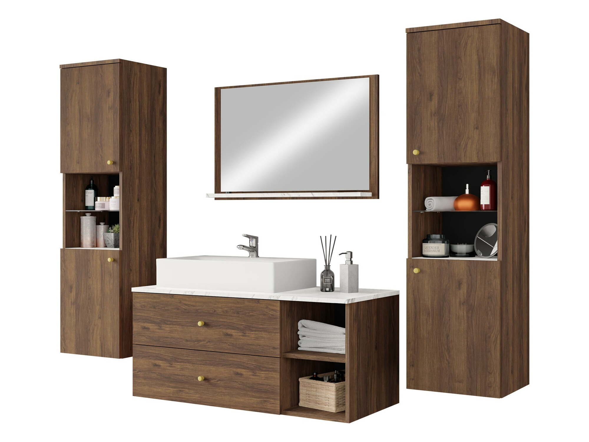 Conjunto de mueble de baño Ophruvi 102 (Nogal + Mármol blanco)