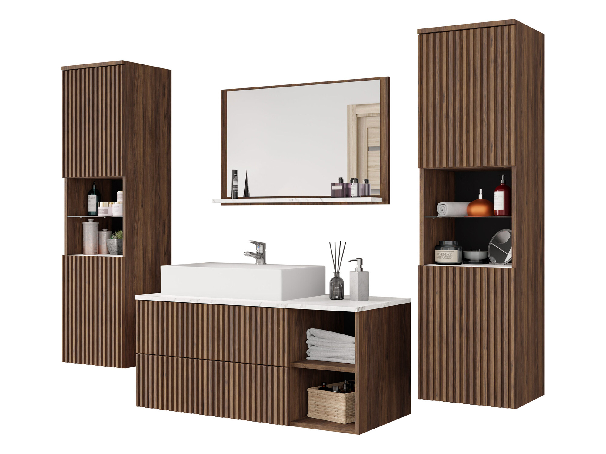Conjunto de mueble de baño Ophruvi 105 (Nogal + Mármol blanco)