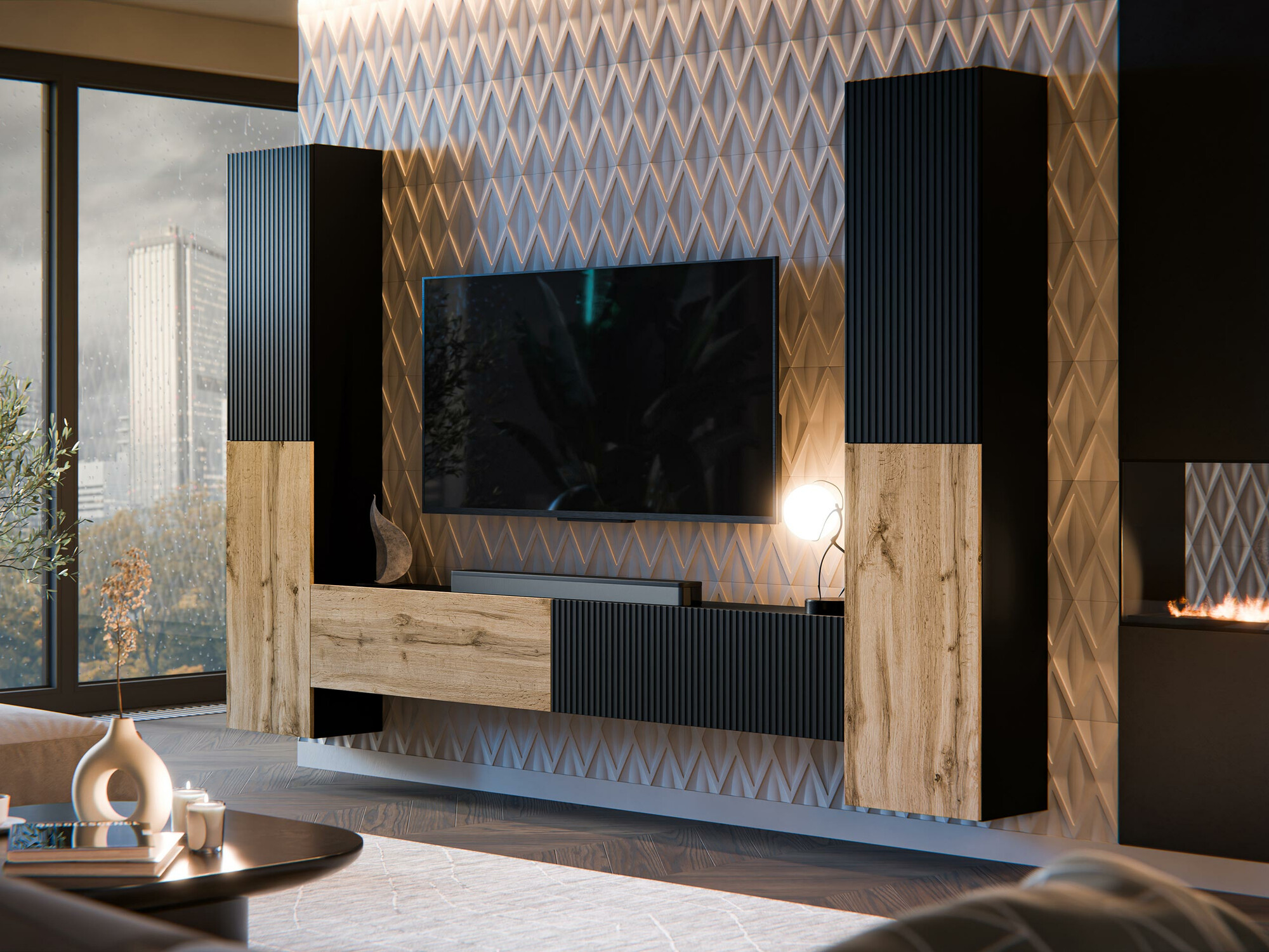 Conjunto de salón Calveru 106 (Negro + Roble wotan)