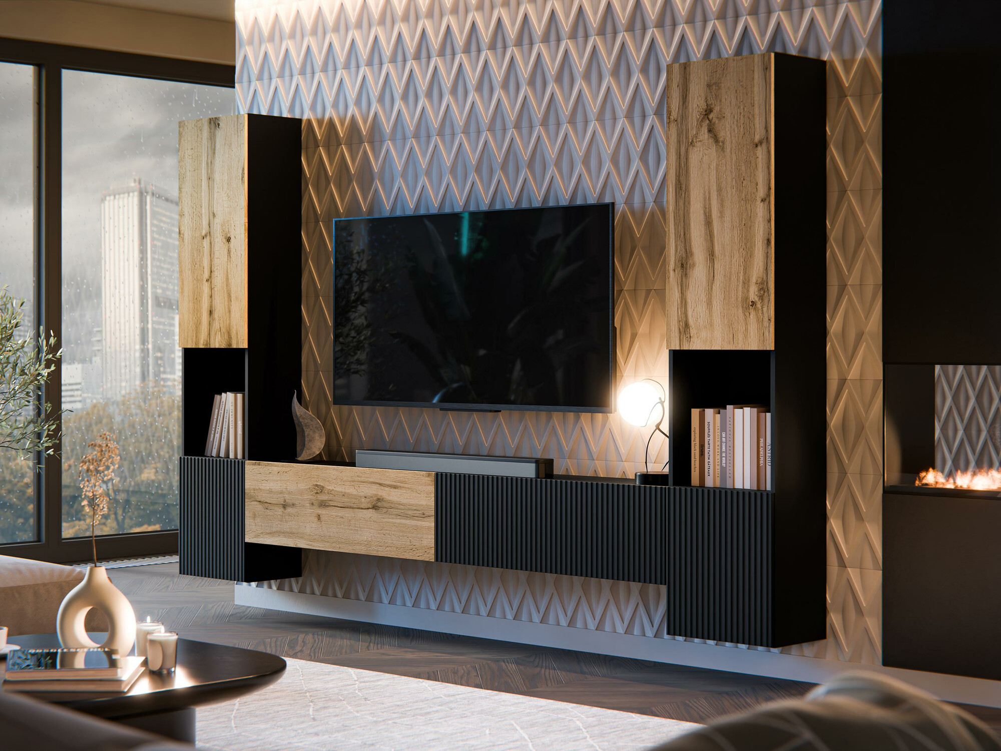 Conjunto de salón Calveru 107 (Negro + Roble wotan)