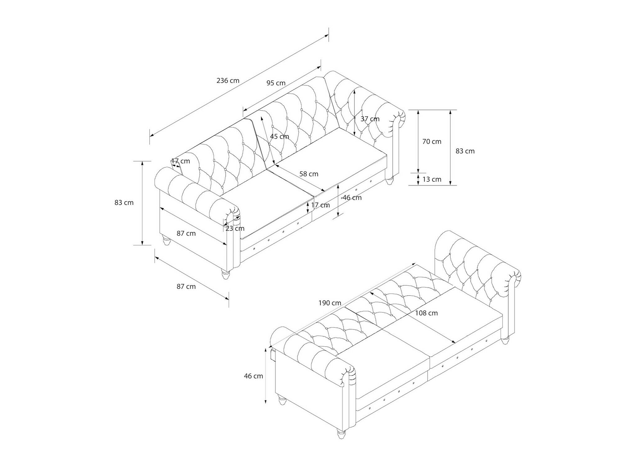 Sofá chesterfield Tulsa 217 (Antracita)