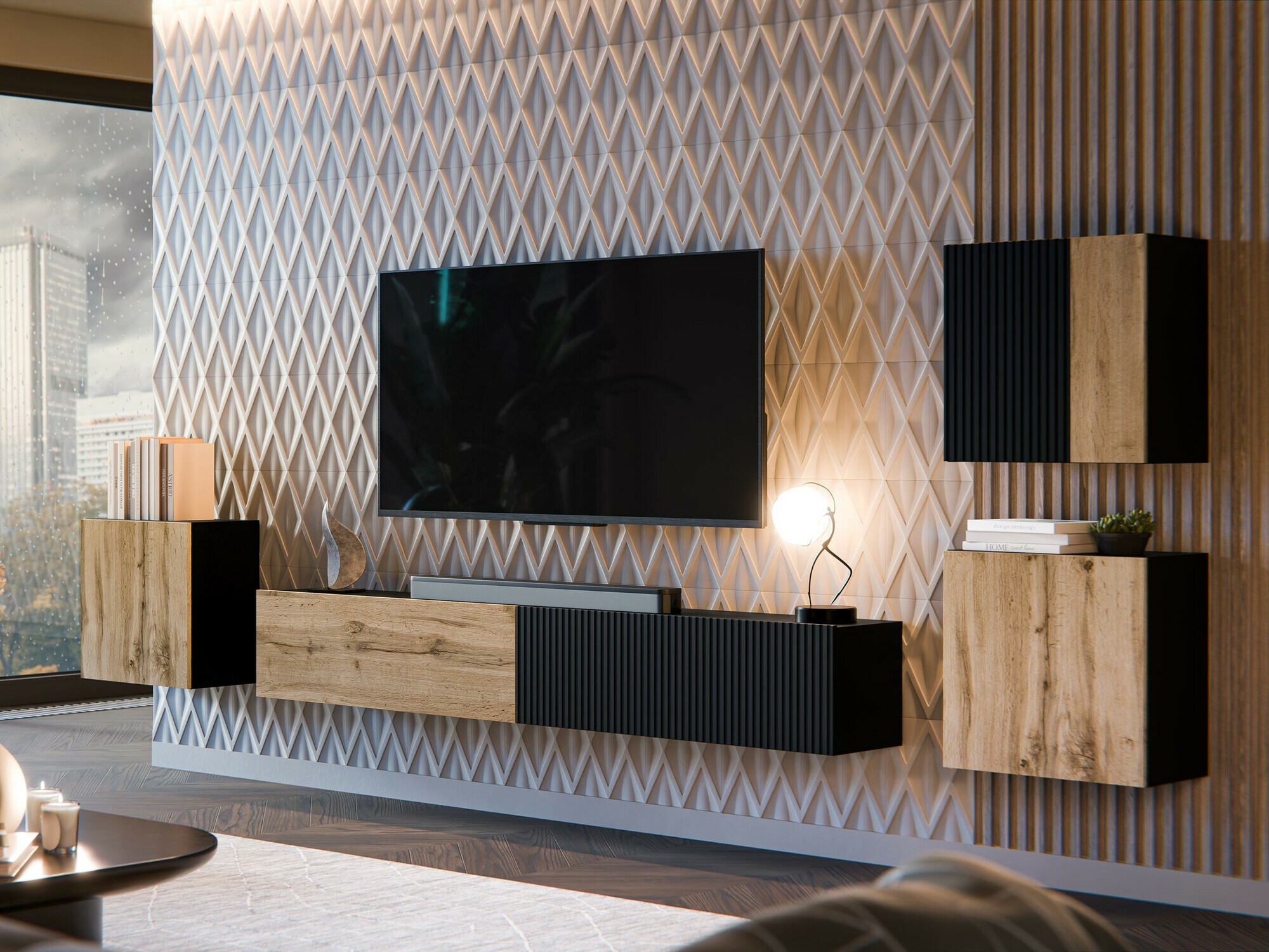 Conjunto de salón Calveru 108 (Negro + Roble wotan)