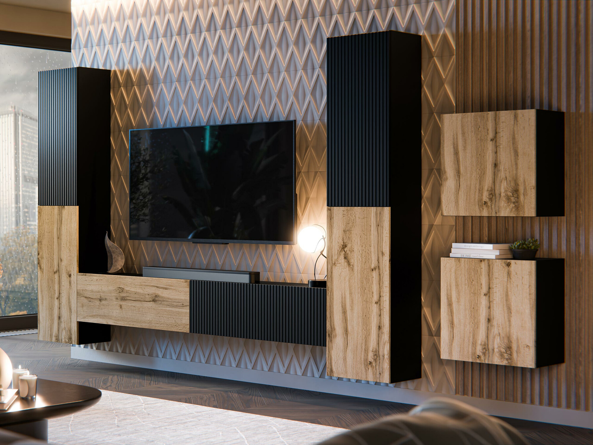 Conjunto de salón Calveru 109 (Negro + Roble wotan)