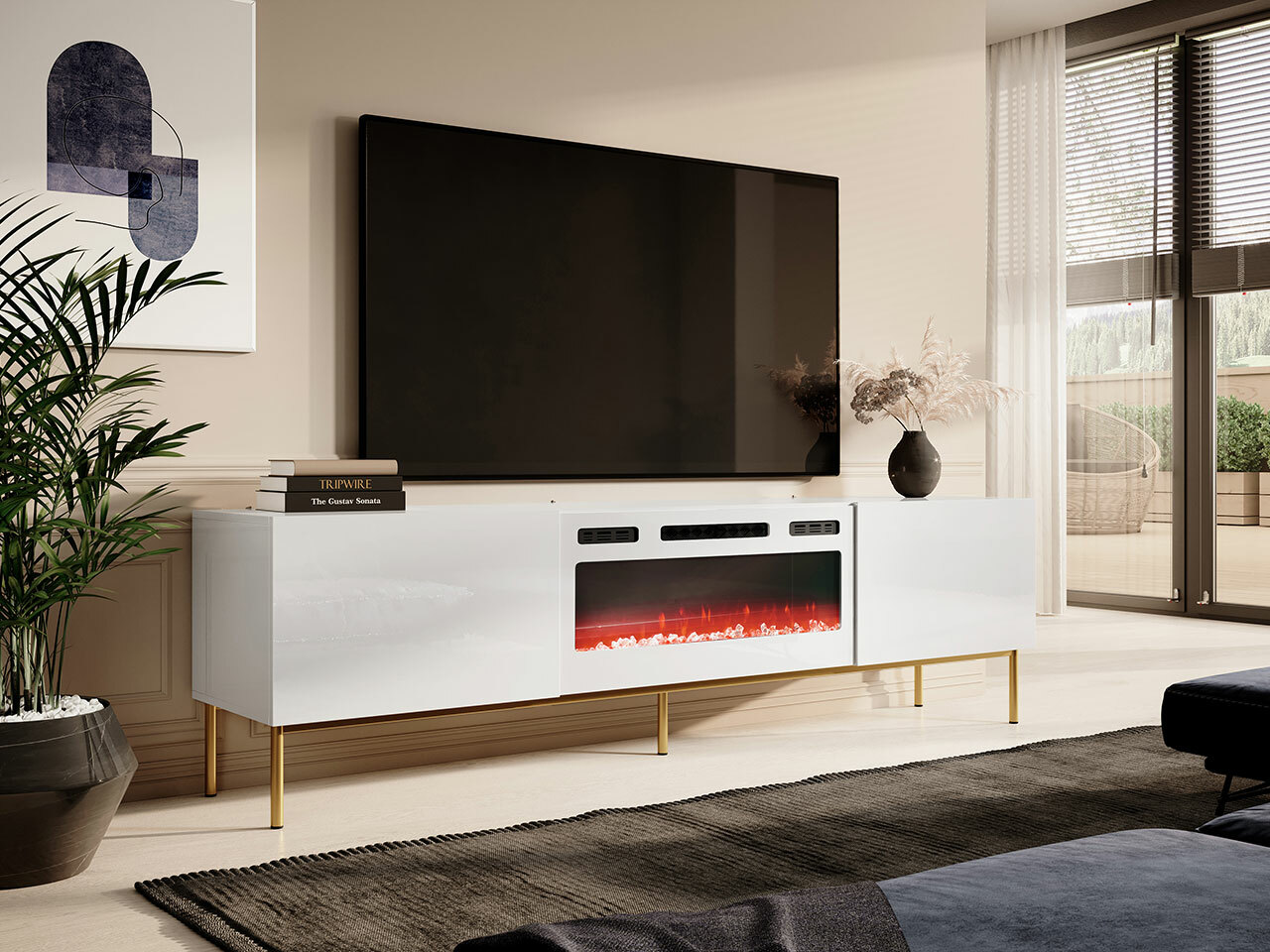 Mueble TV Charlotte 163 (Blanco + Blanco brillante + Dorado)
