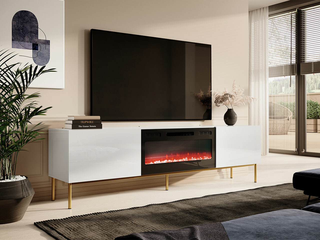 Mueble TV Charlotte 163 (Blanco + Blanco brillante + Dorado)