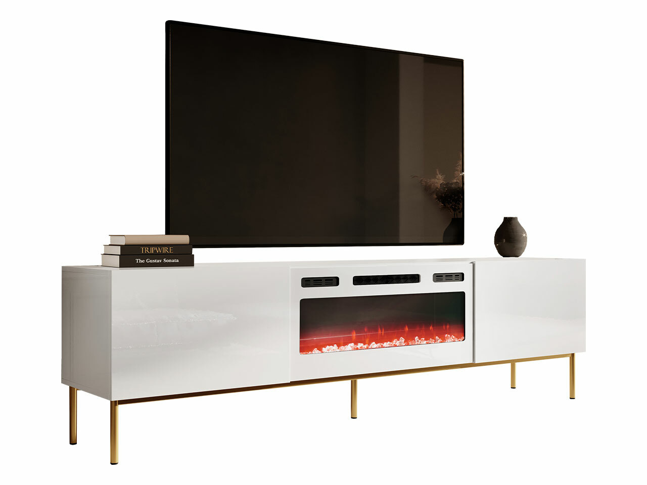 Mueble TV Charlotte 163 (Blanco + Blanco brillante + Dorado)