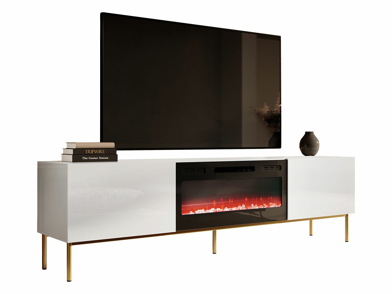 Mueble TV Charlotte 163 (Blanco + Blanco brillante + Dorado)