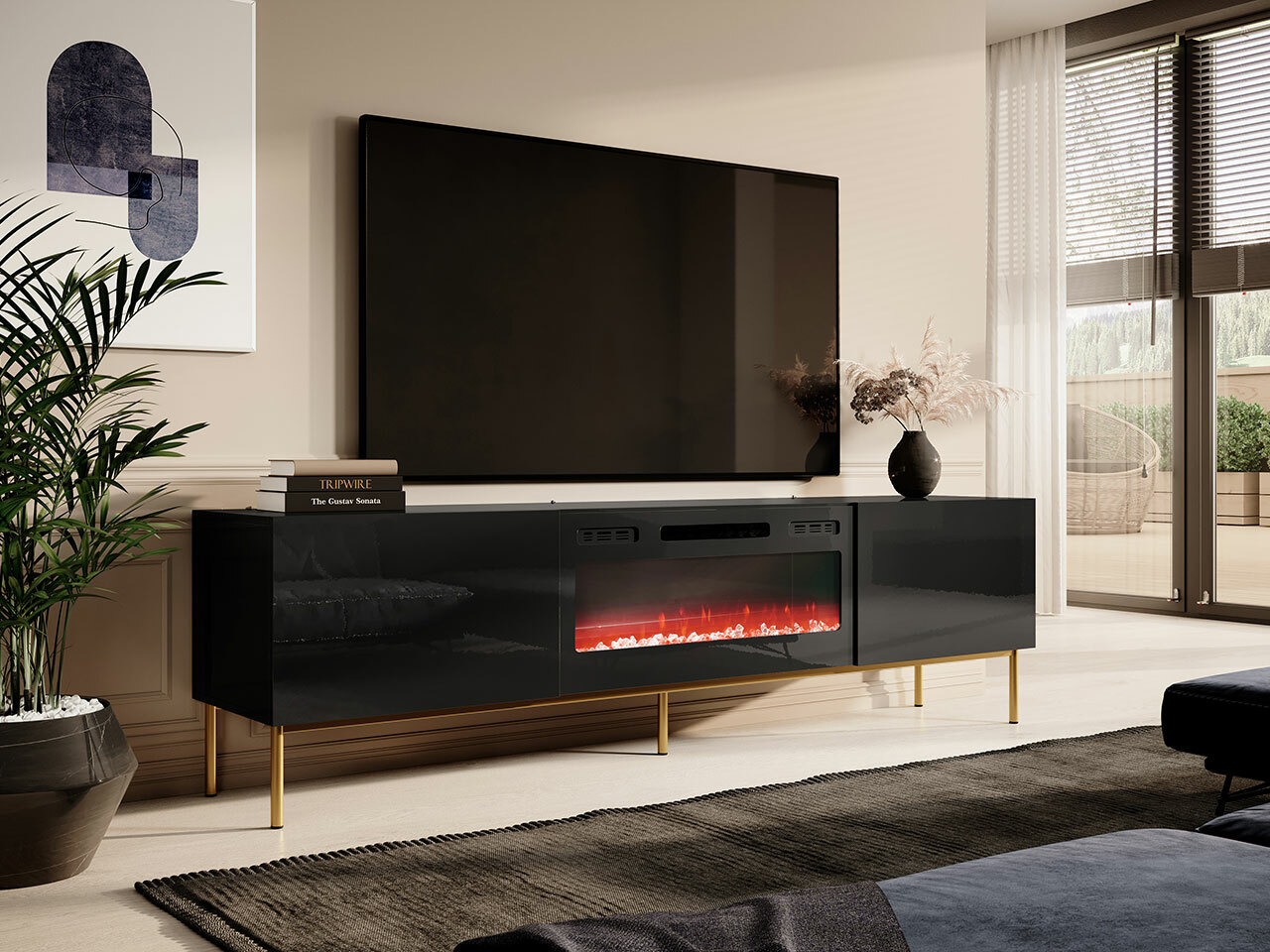 Mueble TV Charlotte 163 (Negro + Negro brillante + Dorado)