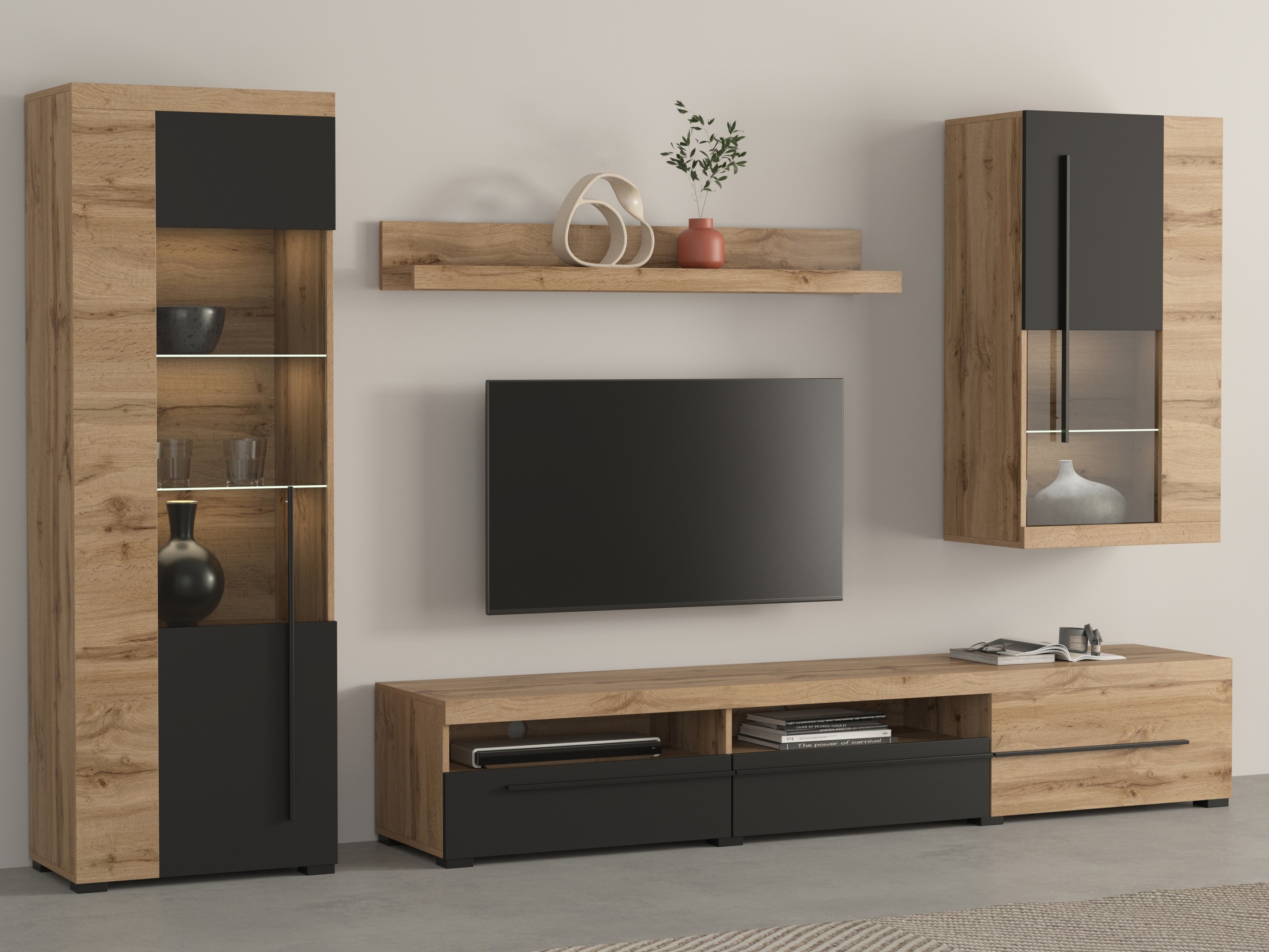 Conjunto de salón Sorciro 105 (Negro + Roble wotan)