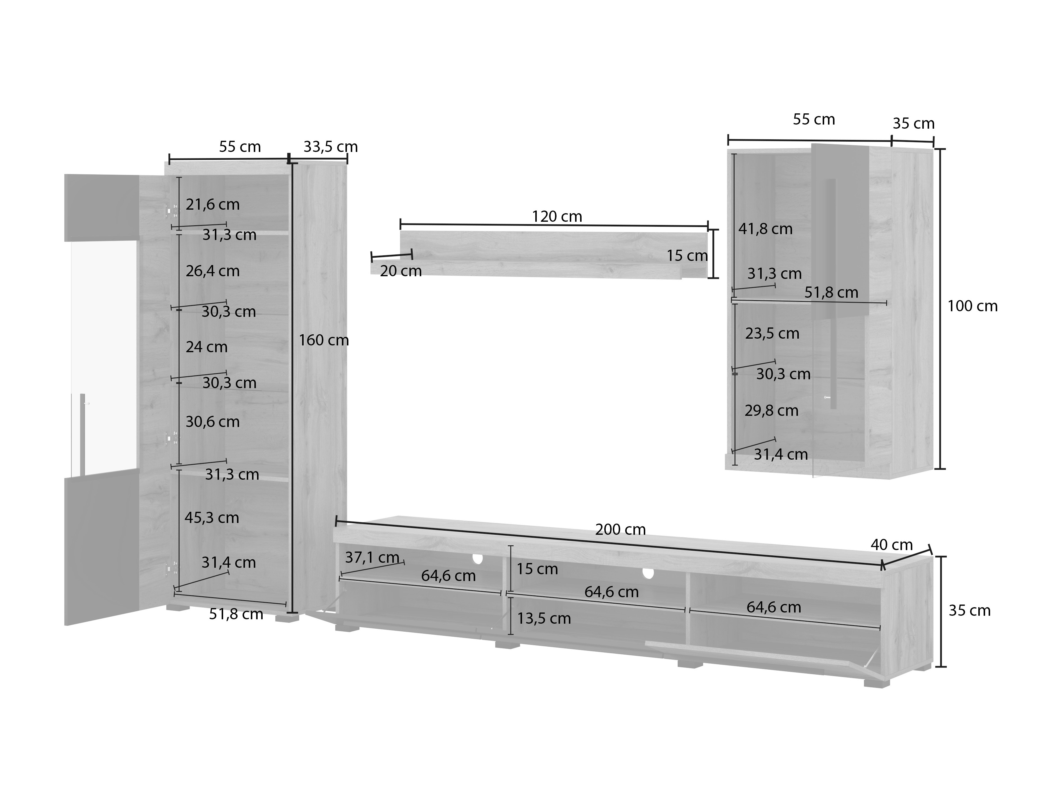 Conjunto de salón Sorciro 105 (Negro + Roble wotan)