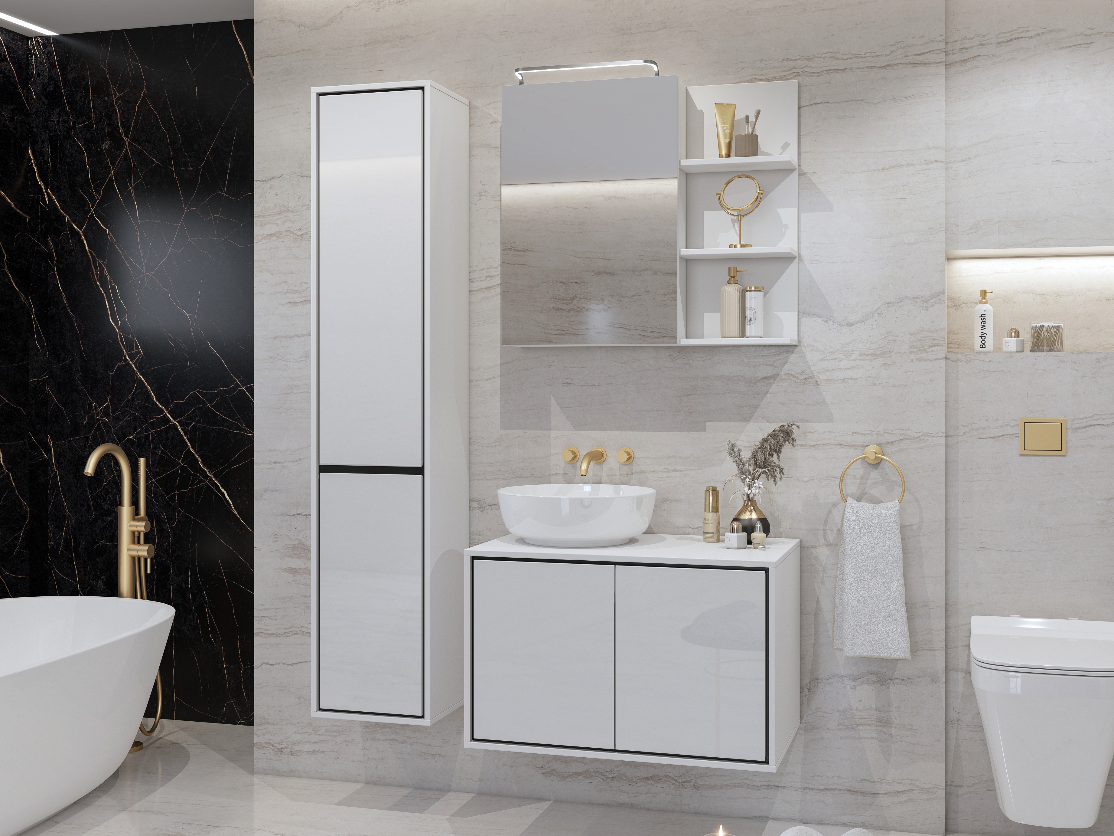 Armario de pie para baño Tecavu 101 (Blanco brillante + Blanco)