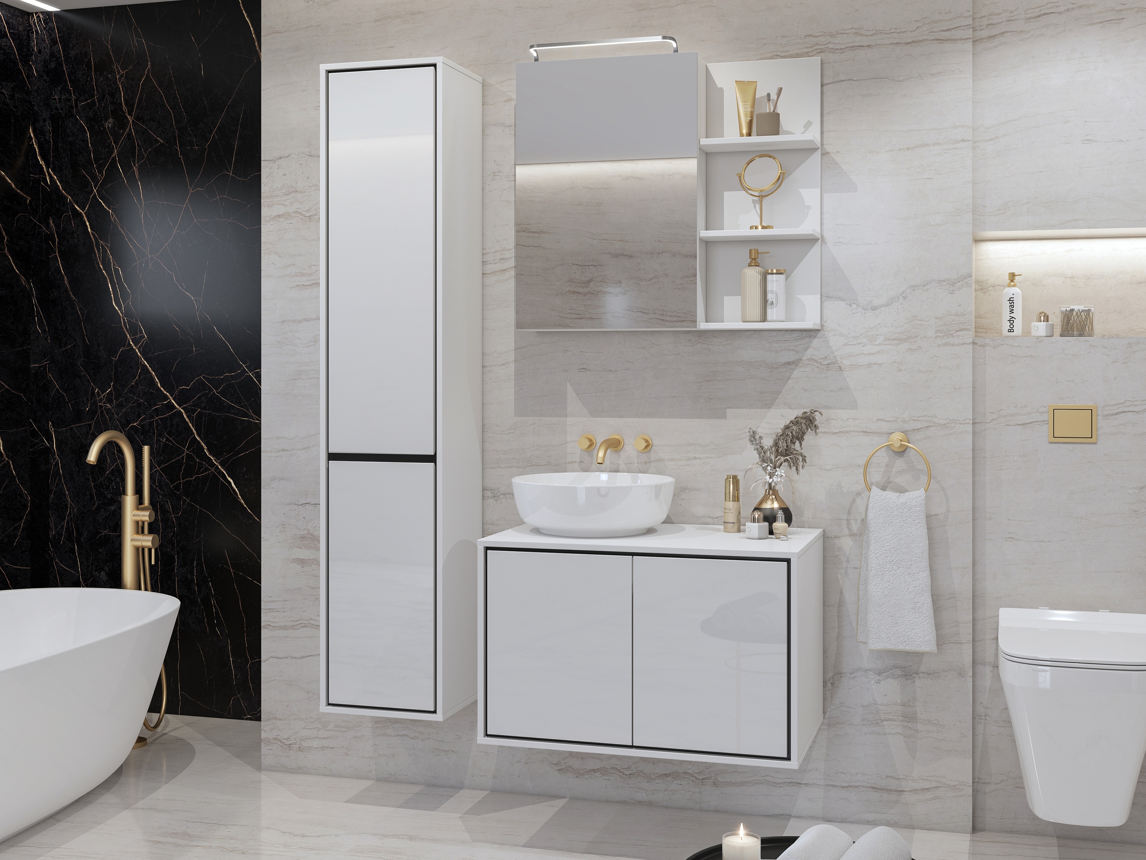 Mueble de baño con espejo Tecavu 102 (Blanco brillante + Blanco)