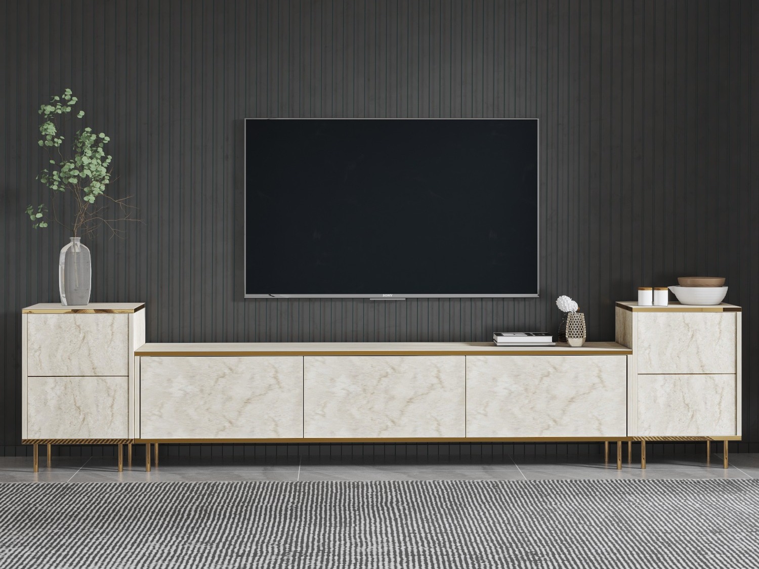 Mueble TV Kailua 2574 (Claro Travertine + Dorado)