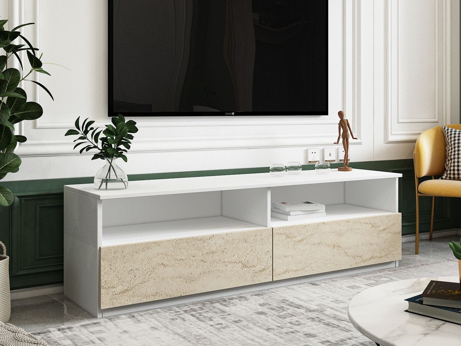 Mueble TV Kailua 2577 (Blanco + Claro Travertine)
