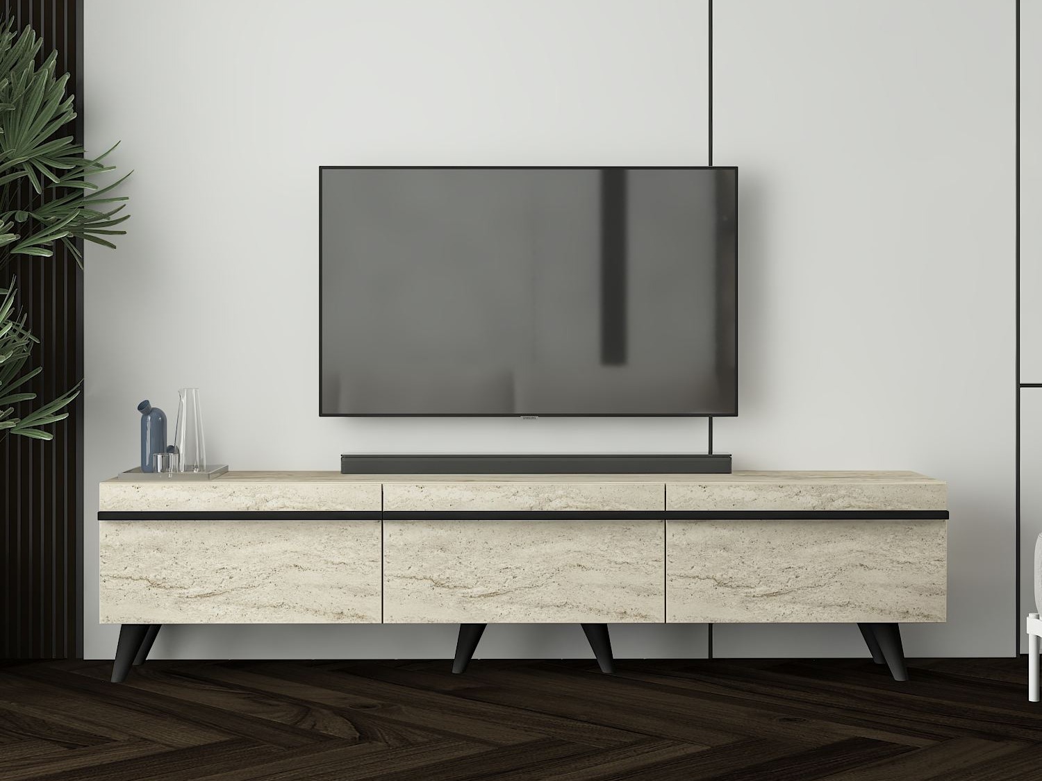 Mueble TV Kailua 952 (Claro Travertine + Negro)