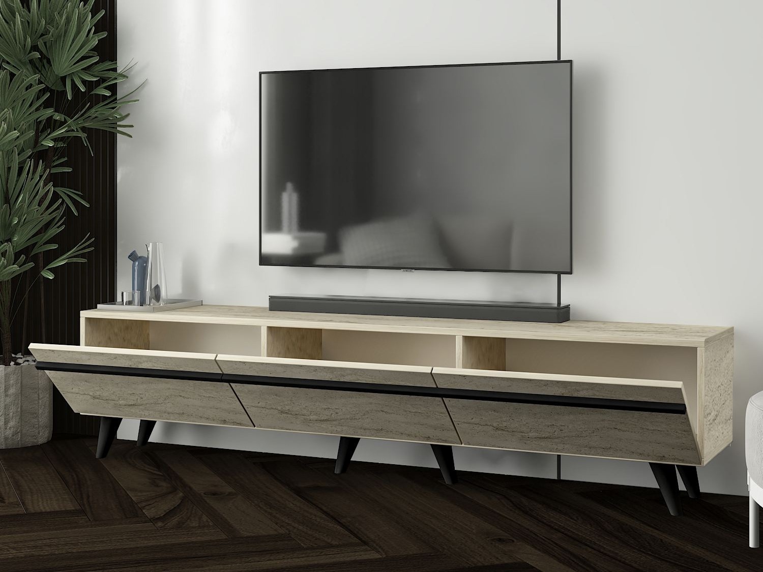 Mueble TV Kailua 952 (Claro Travertine + Negro)
