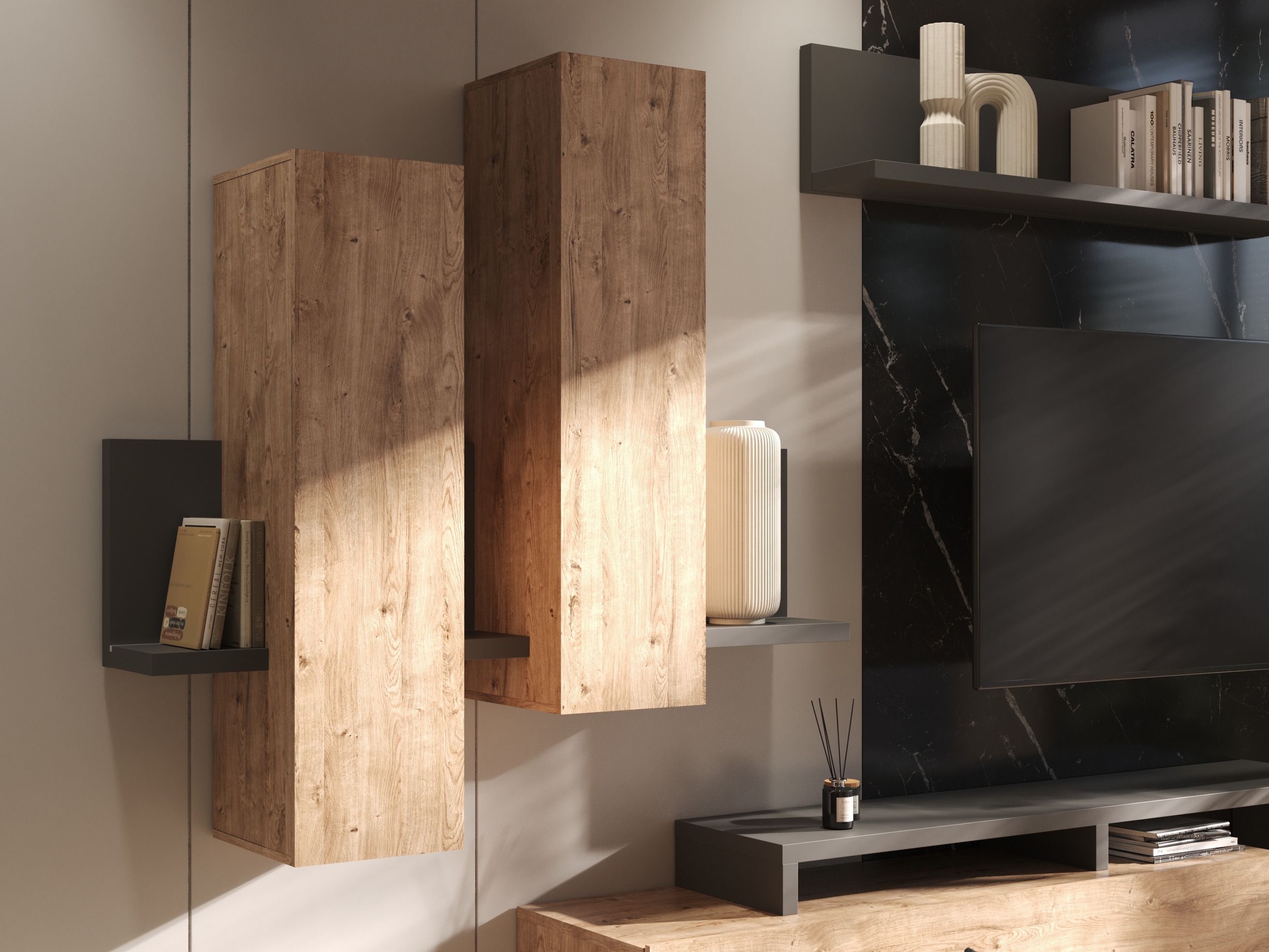 Armario de pared Lutiva 101 (Antracita + Ribbec roble)