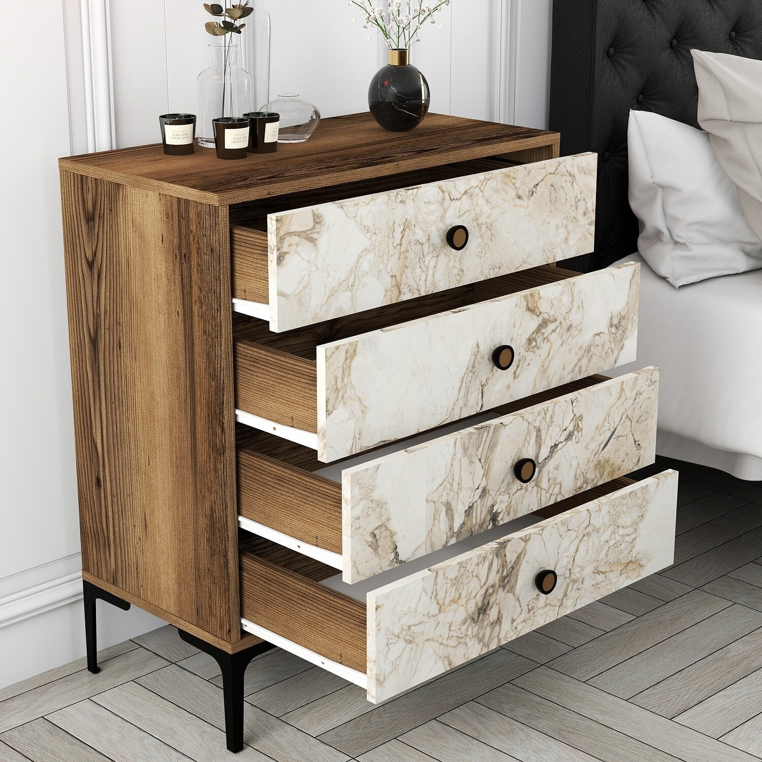 Cómoda Kailua 771 (Nogal + Mármol blanco)