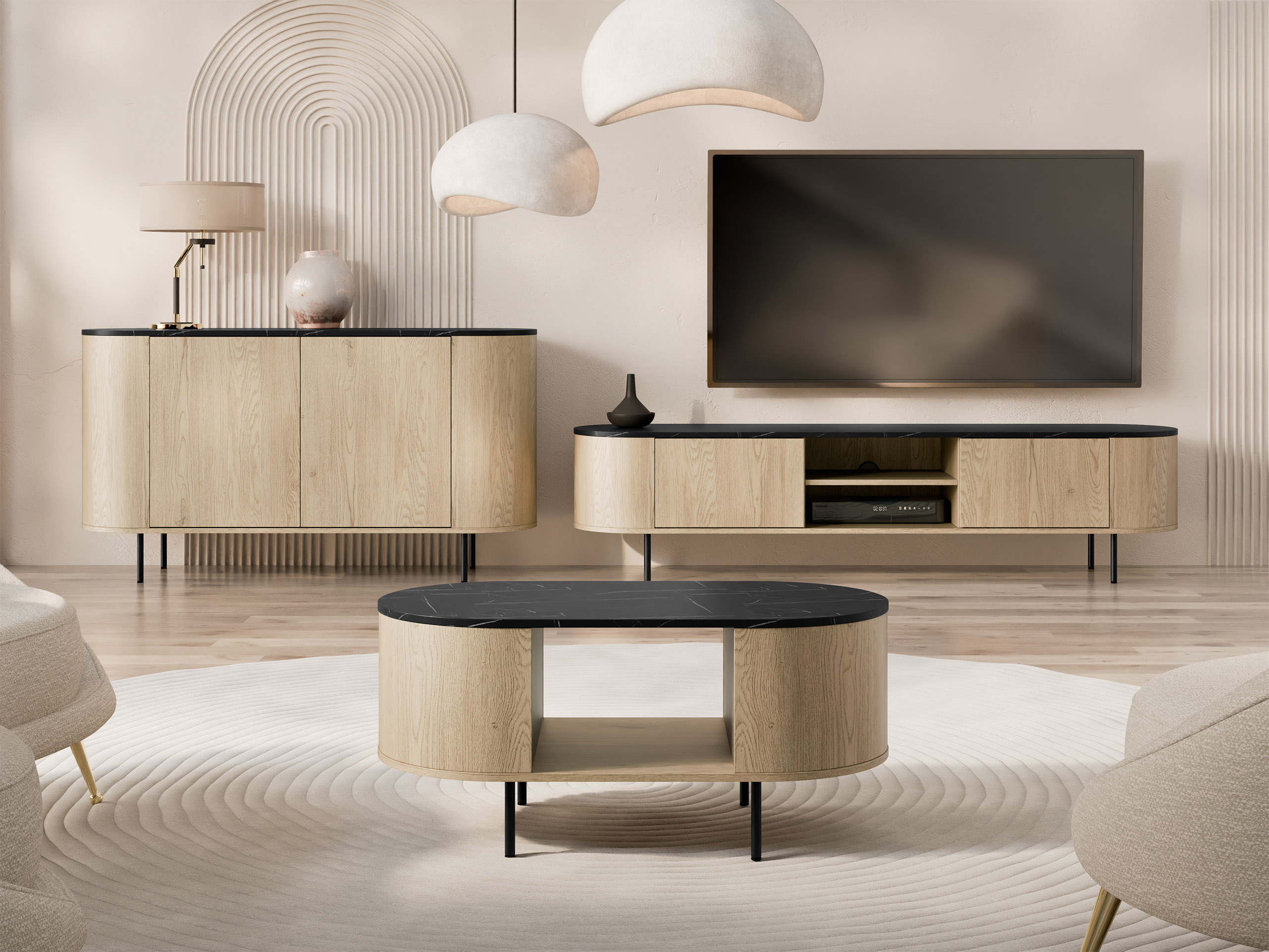 Conjunto de salón Comfivo Livtena (Mármol negro + Negro)