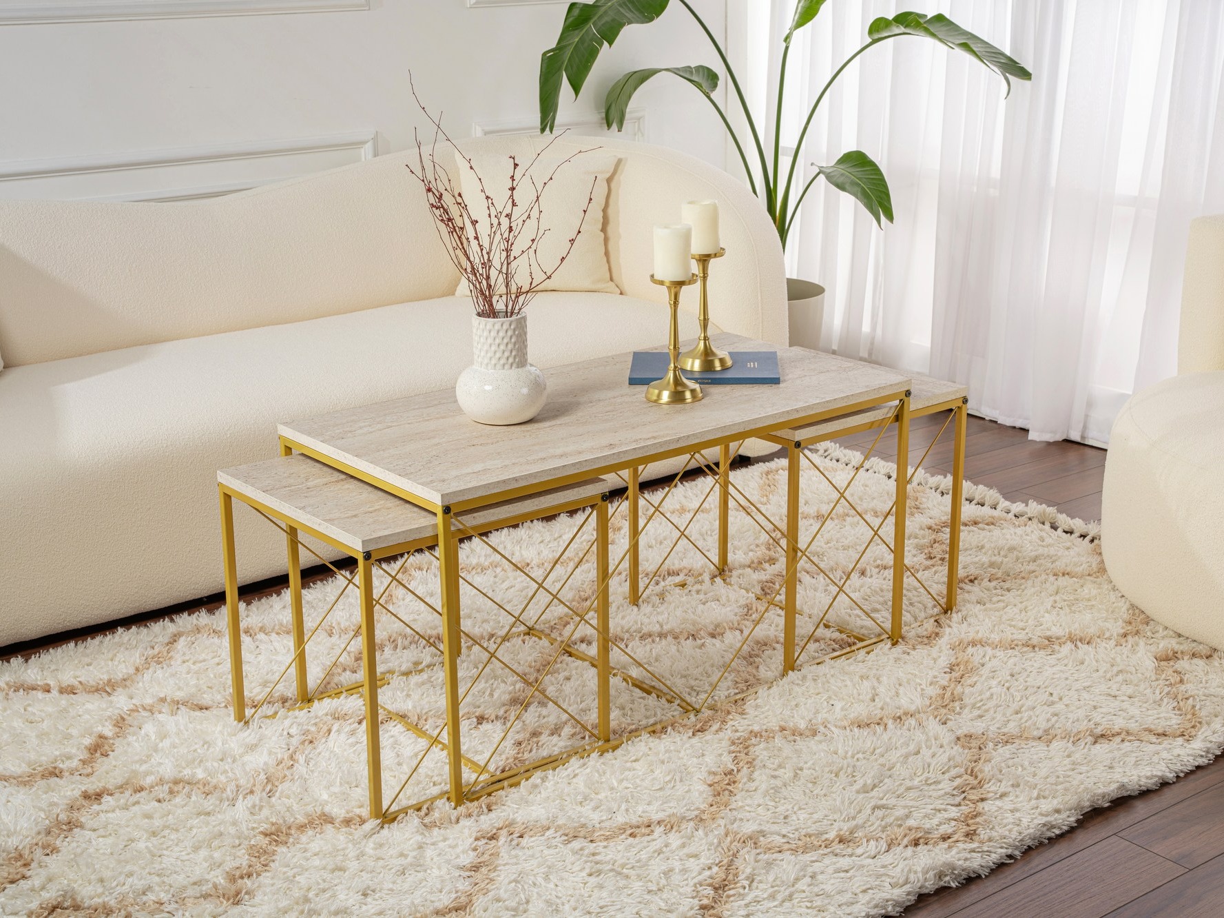 Conjunto mesa de centro Kailua 2619 (Travertino claro + Dorado)