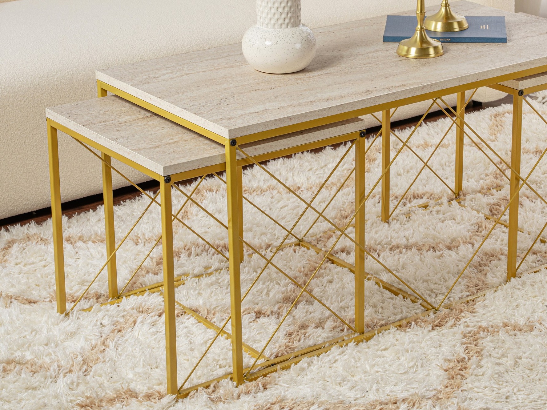 Conjunto mesa de centro Kailua 2619 (Travertino claro + Dorado)