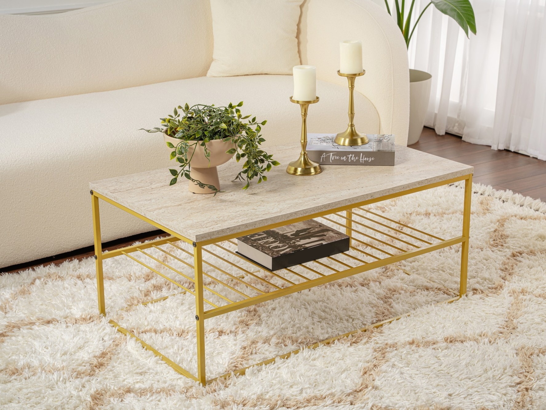 Mesa de centro Kailua 517 (Travertino claro + Dorado)