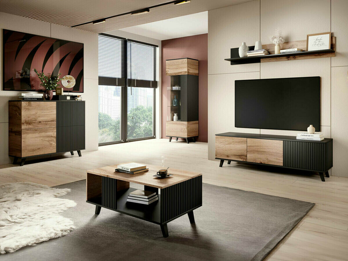 Conjunto de salón Luelia 108 (Negro + Roble wotan)