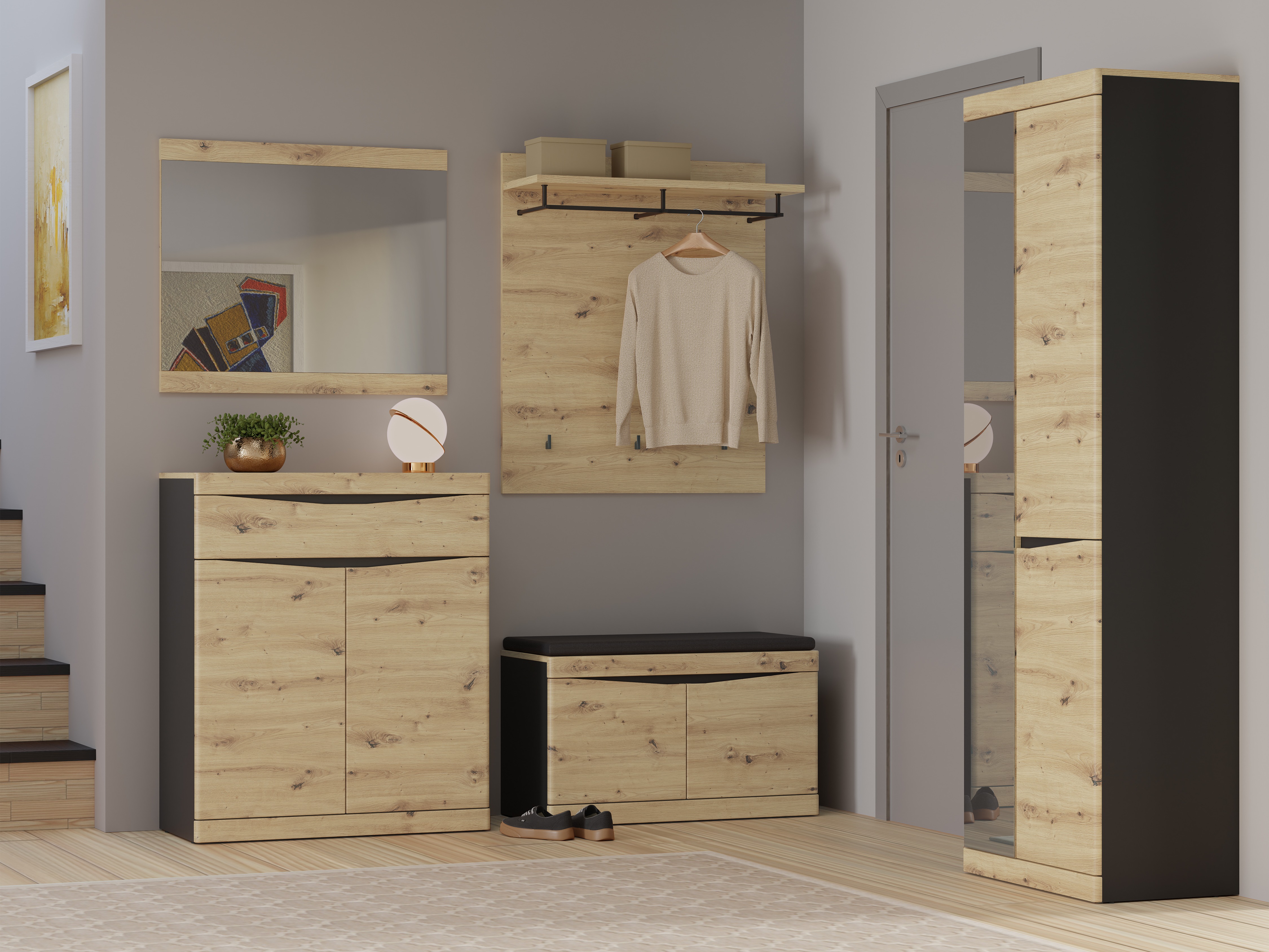 Conjunto para recibidor Venlori 119 (Roble Artisan + Antracita)