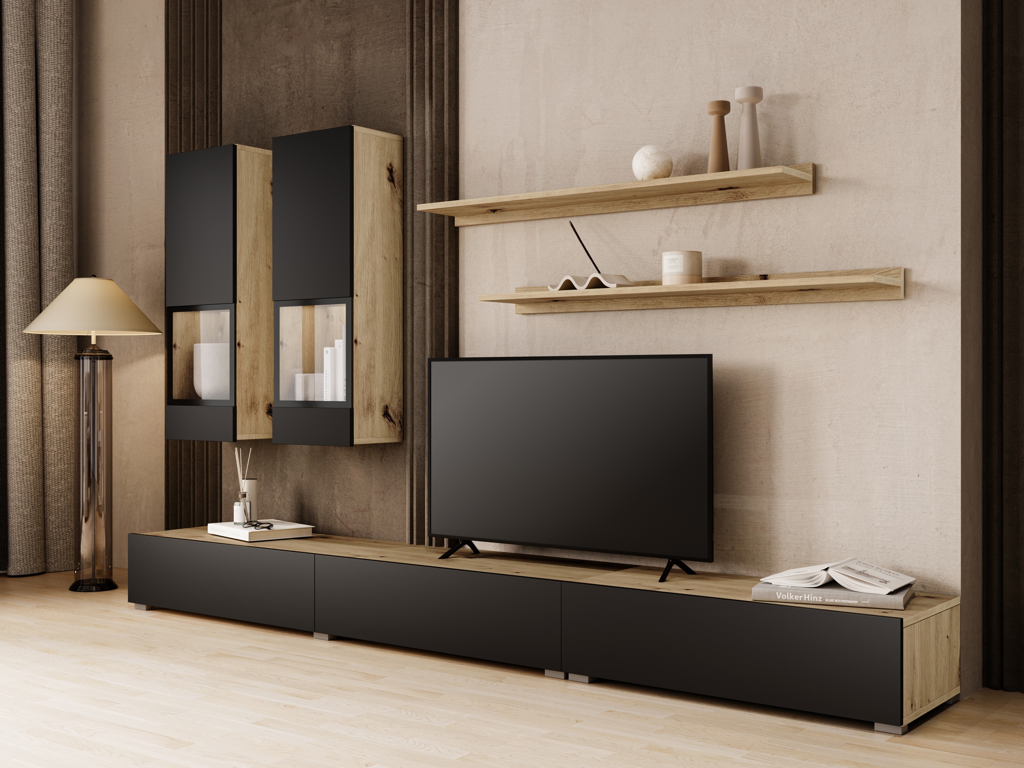 Conjunto de salón Serodeu 100 (Roble Artisan + Negro mate)