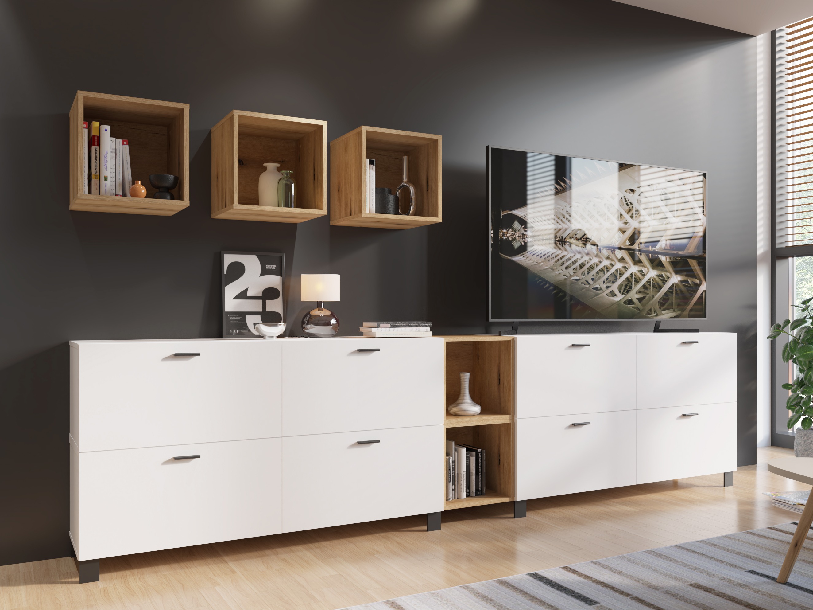 Conjunto de salón Virnolu 110 (Blanco + Roble)