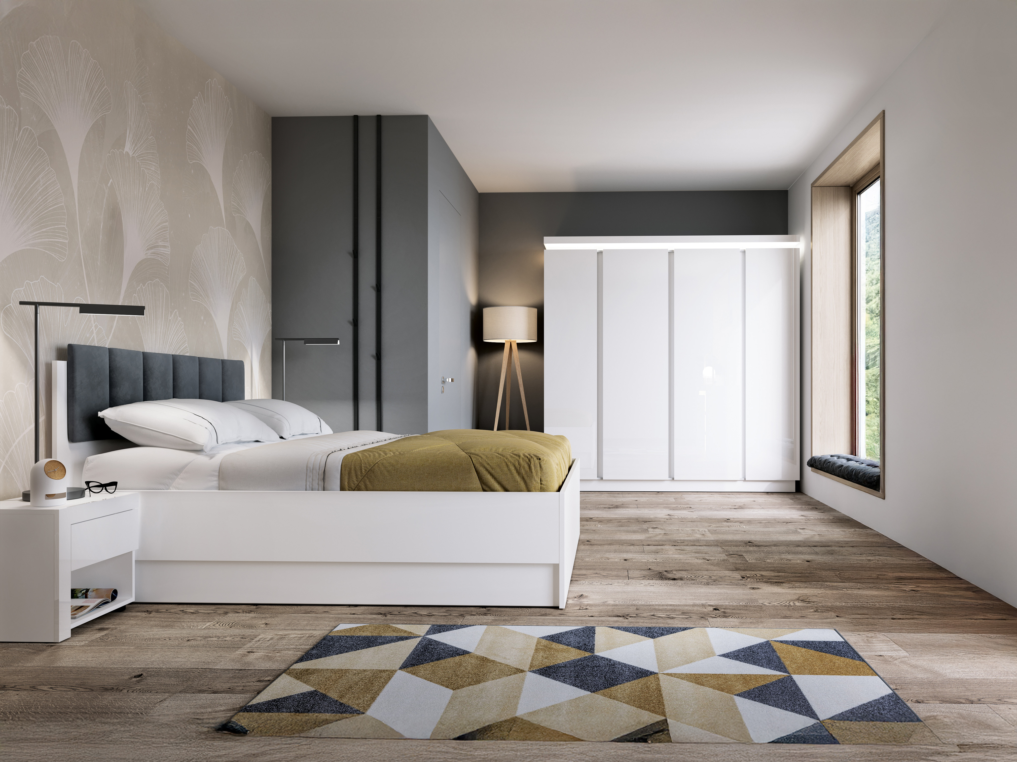 Conjunto de dormitorio Feldeli 122 (Blanco + Blanco brillante)