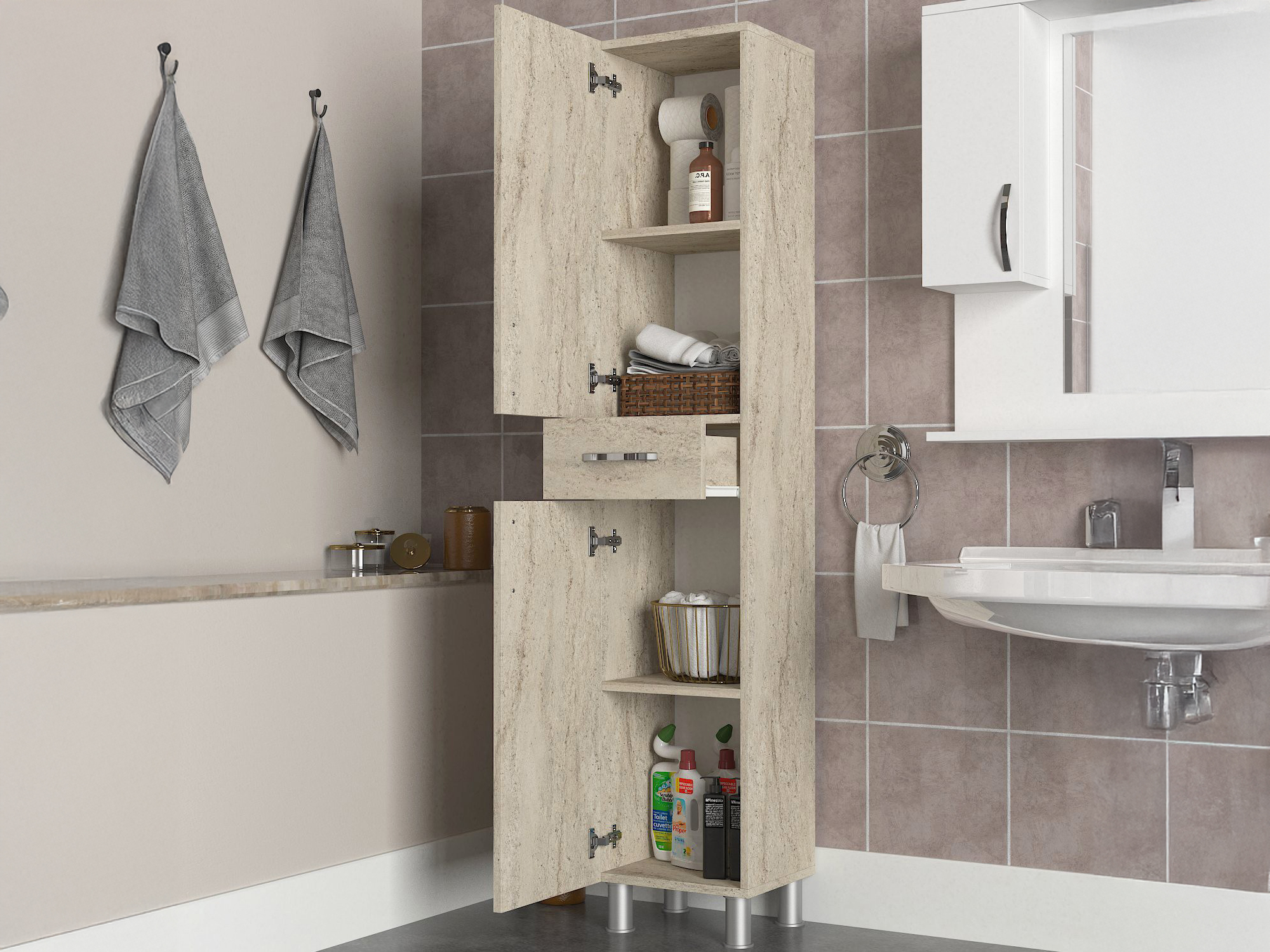 Armario de pie para baño Kailua 2657 (Claro Travertine)