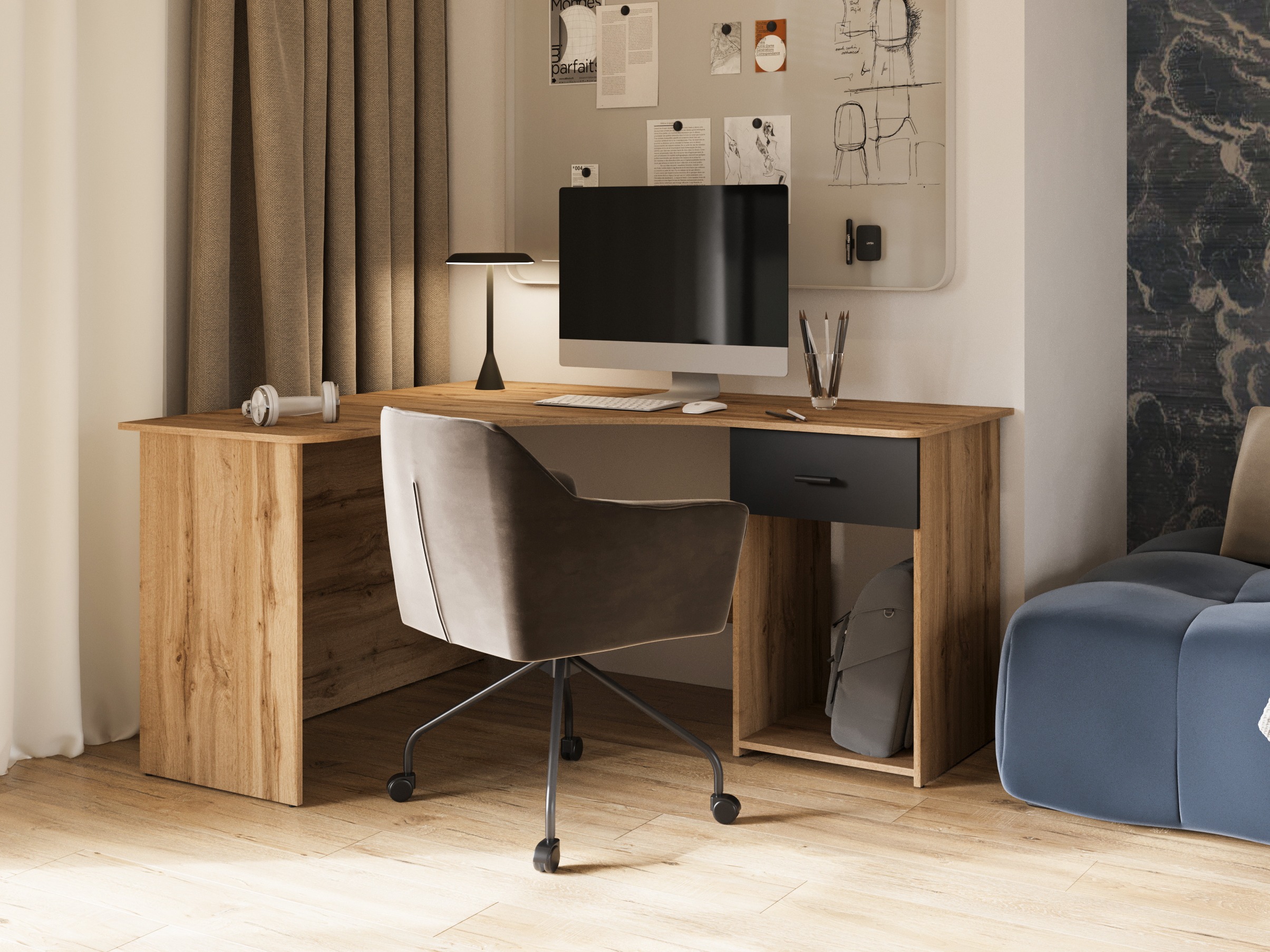 Escritorio esquinero Austin 303 (Roble wotan + Negro)