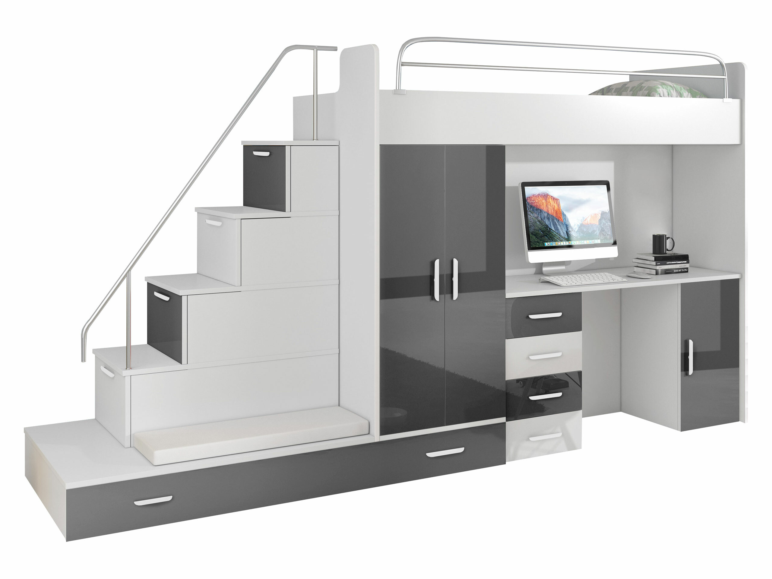 Conjunto de dormitorio infantil Campus I (Blanco + Blanco brillante + Gris brillante)