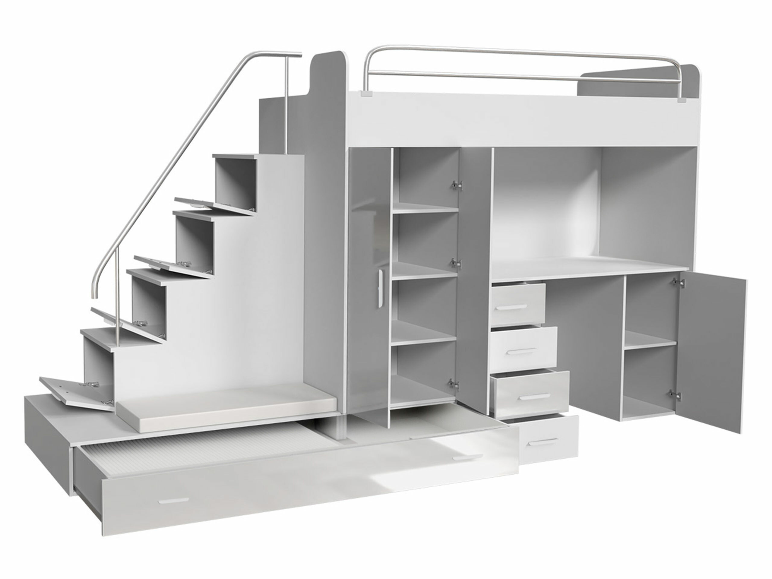 Conjunto de dormitorio infantil Campus I (Blanco + Blanco brillante + Gris brillante)