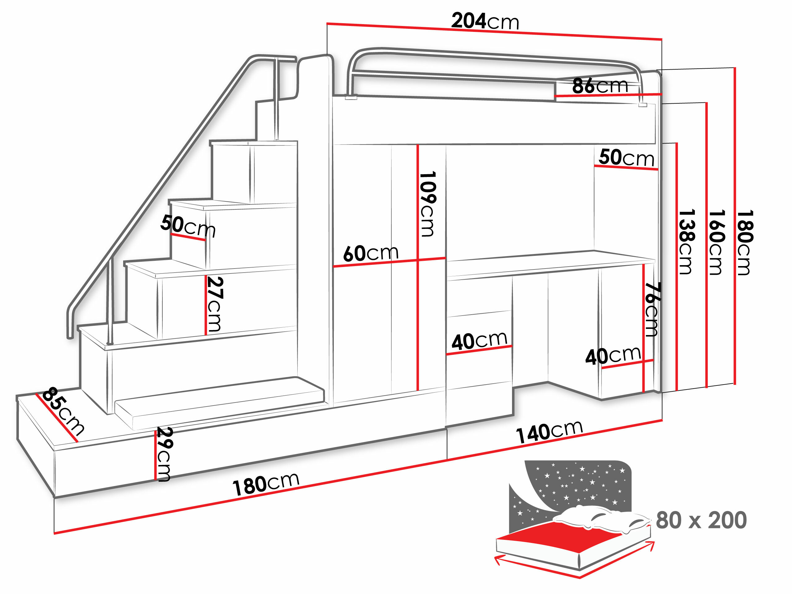 Conjunto de dormitorio infantil Campus I (Blanco + Blanco brillante + Gris brillante)