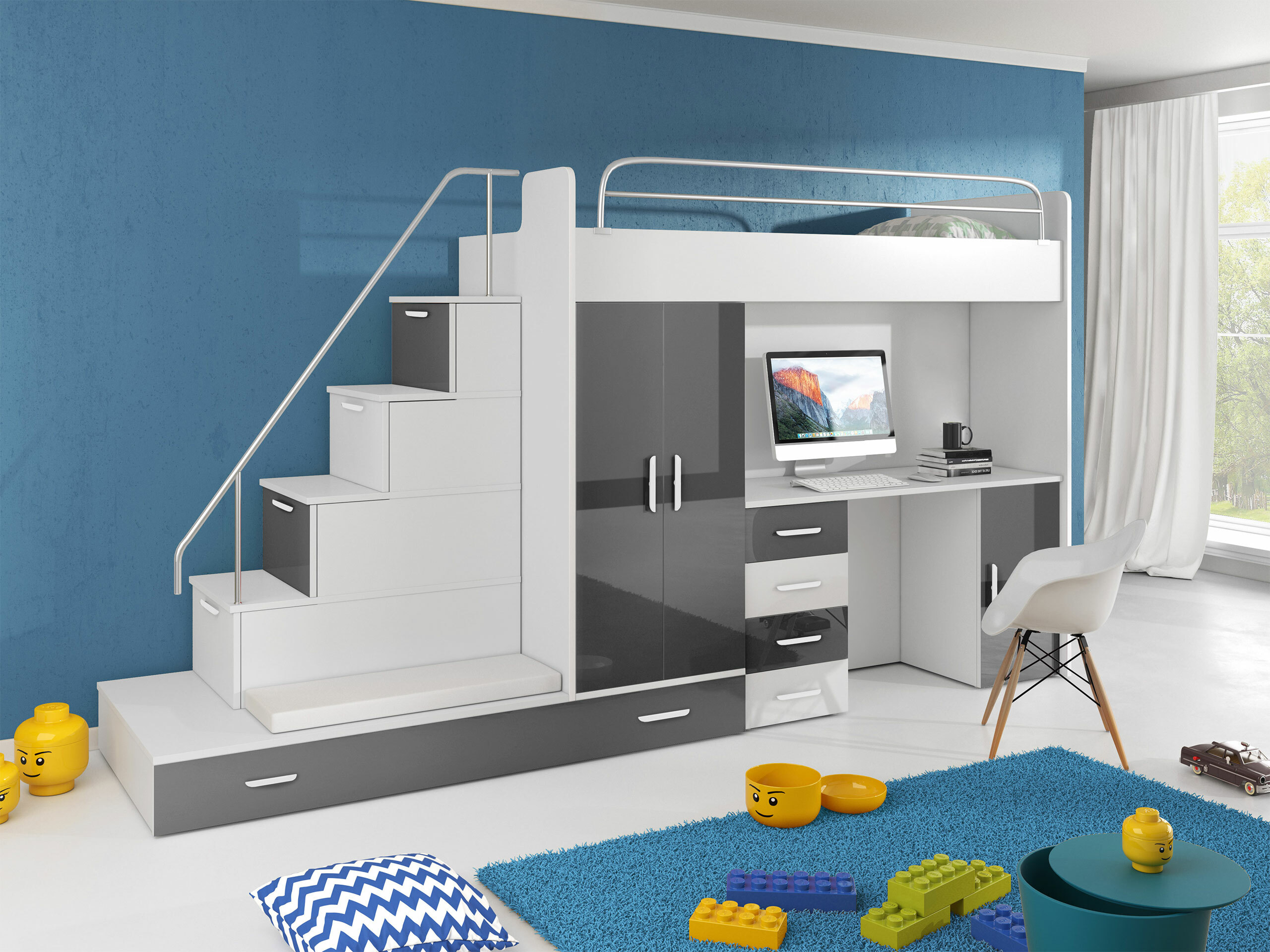 Conjunto de dormitorio infantil Salmere 100 (Blanco + Blanco brillante + Gris brillante)