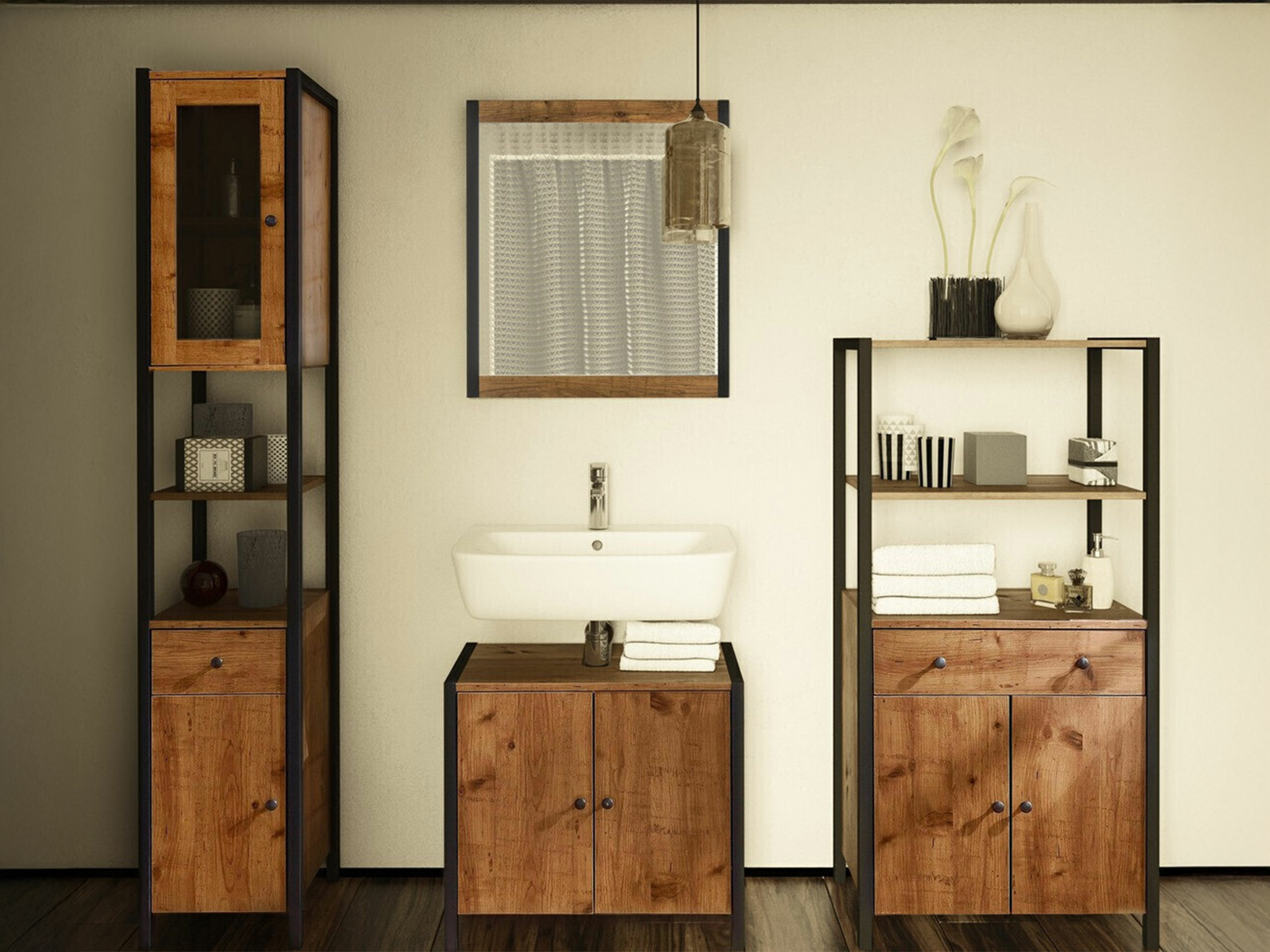 Conjunto de mueble de baño Larnovo 117 (Roble oscuro + Negro)