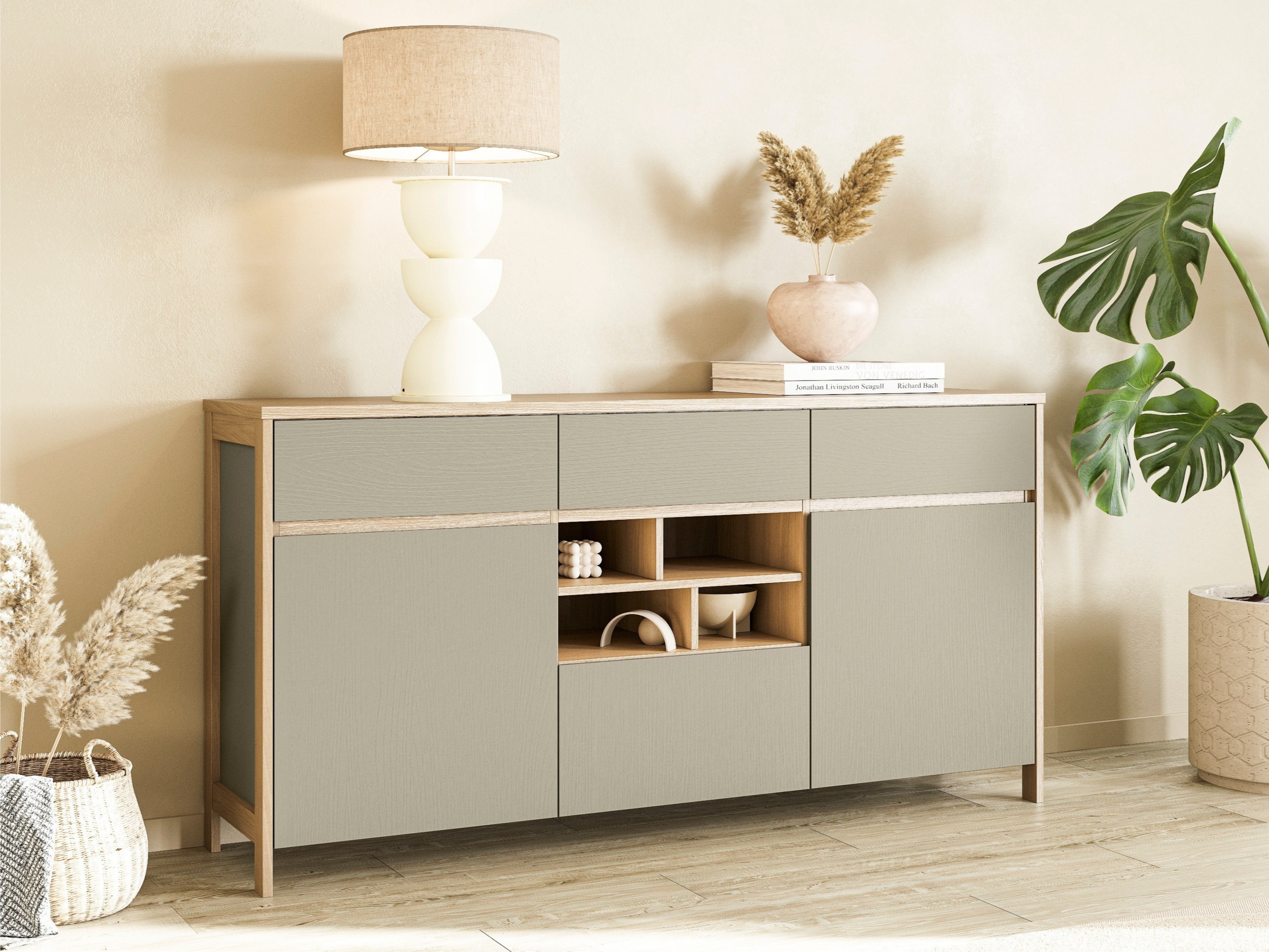 Cómoda Fermaru 104 (Verde polvoriento + Roble)