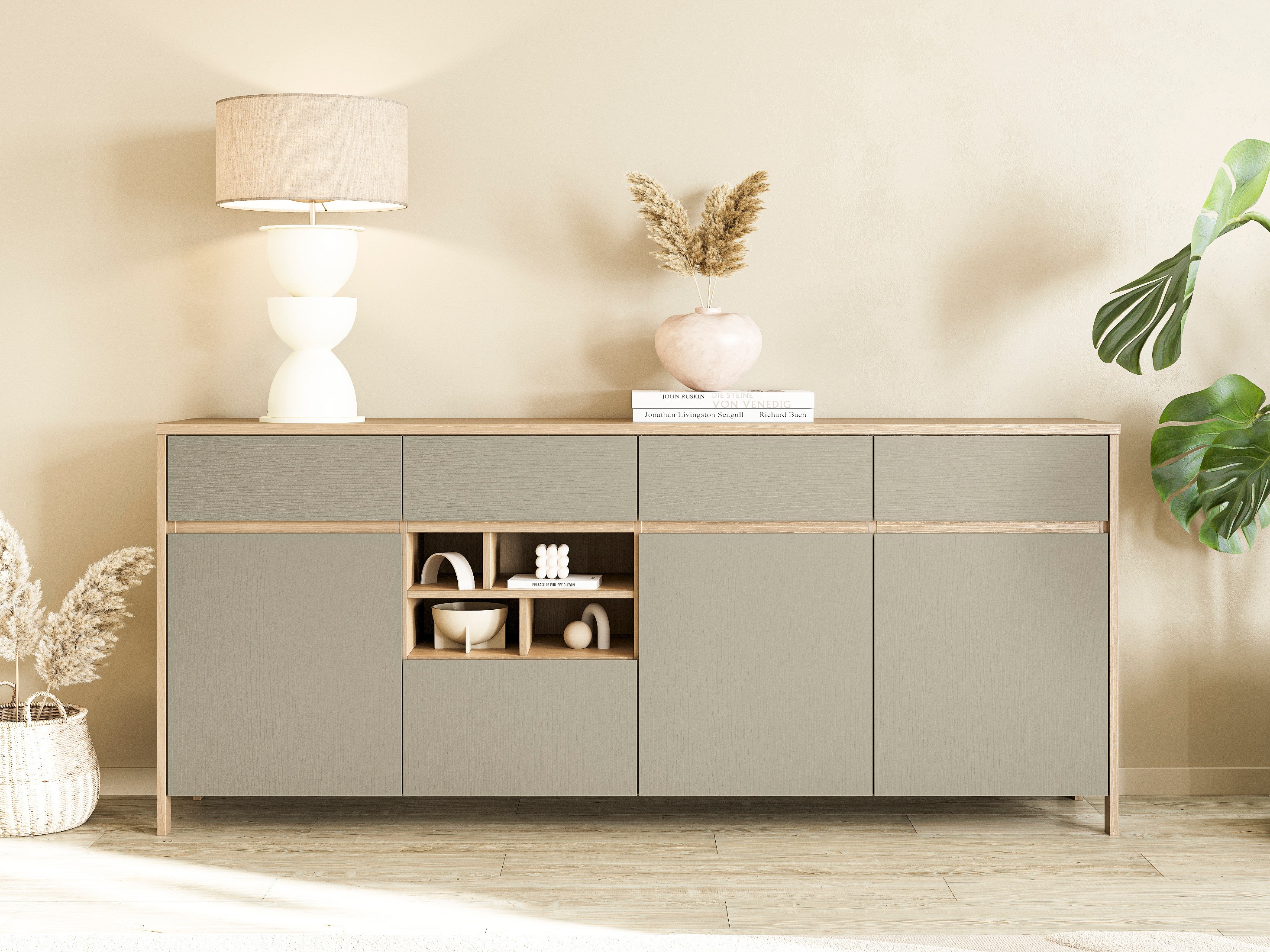 Cómoda Fermaru 105 (Verde polvoriento + Roble)