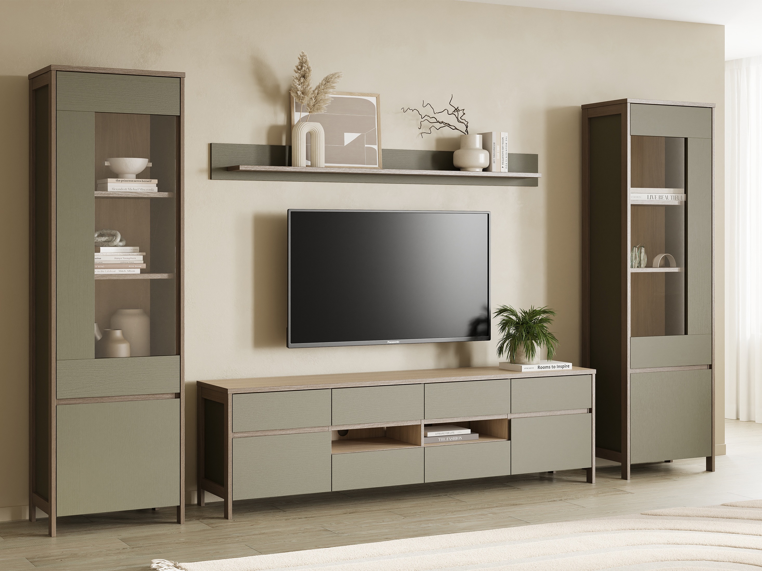 Conjunto de salón Fermaru 111 (Verde polvoriento + Roble)