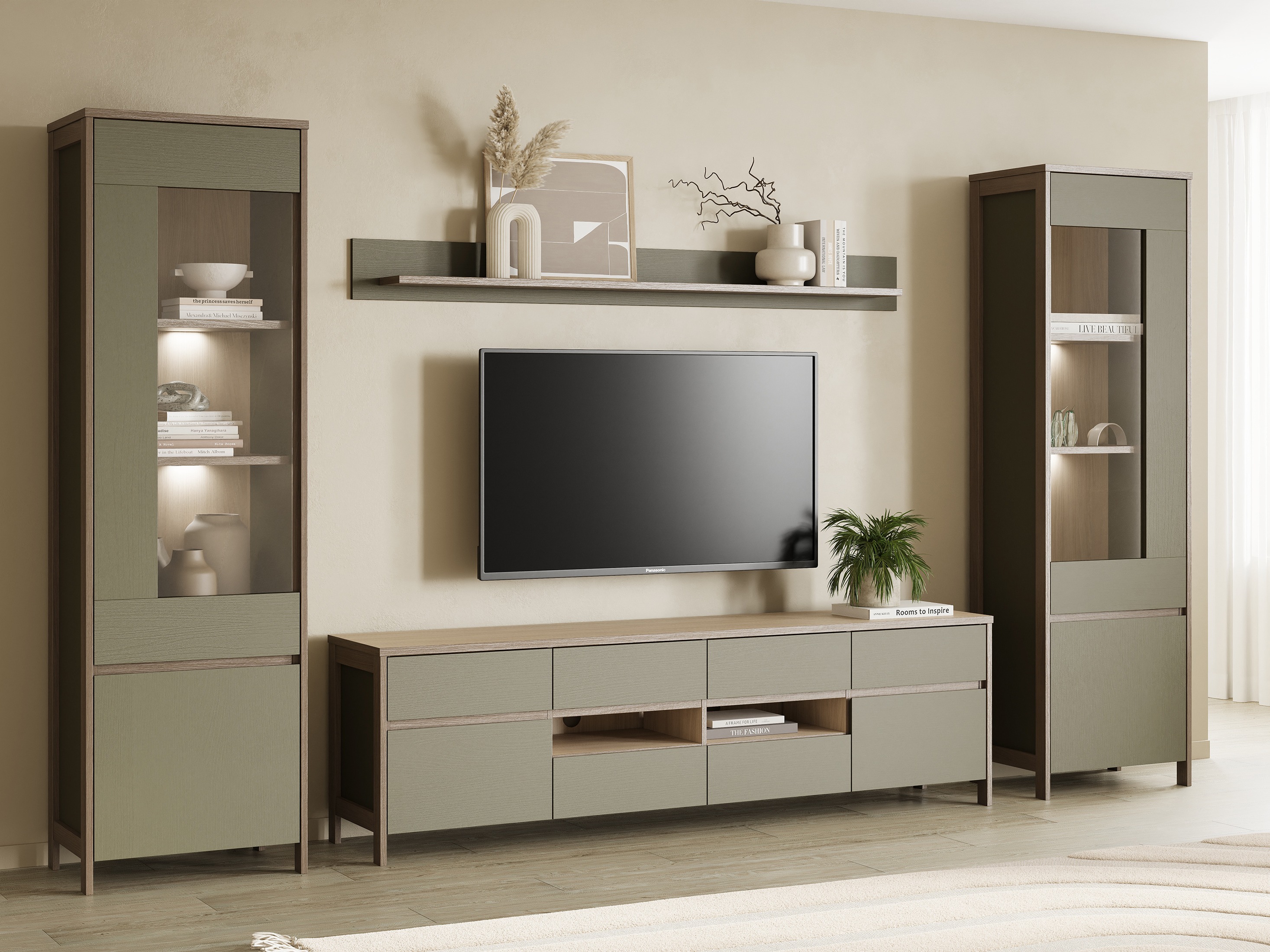 Conjunto de salón Fermaru 111 (Verde polvoriento + Roble)