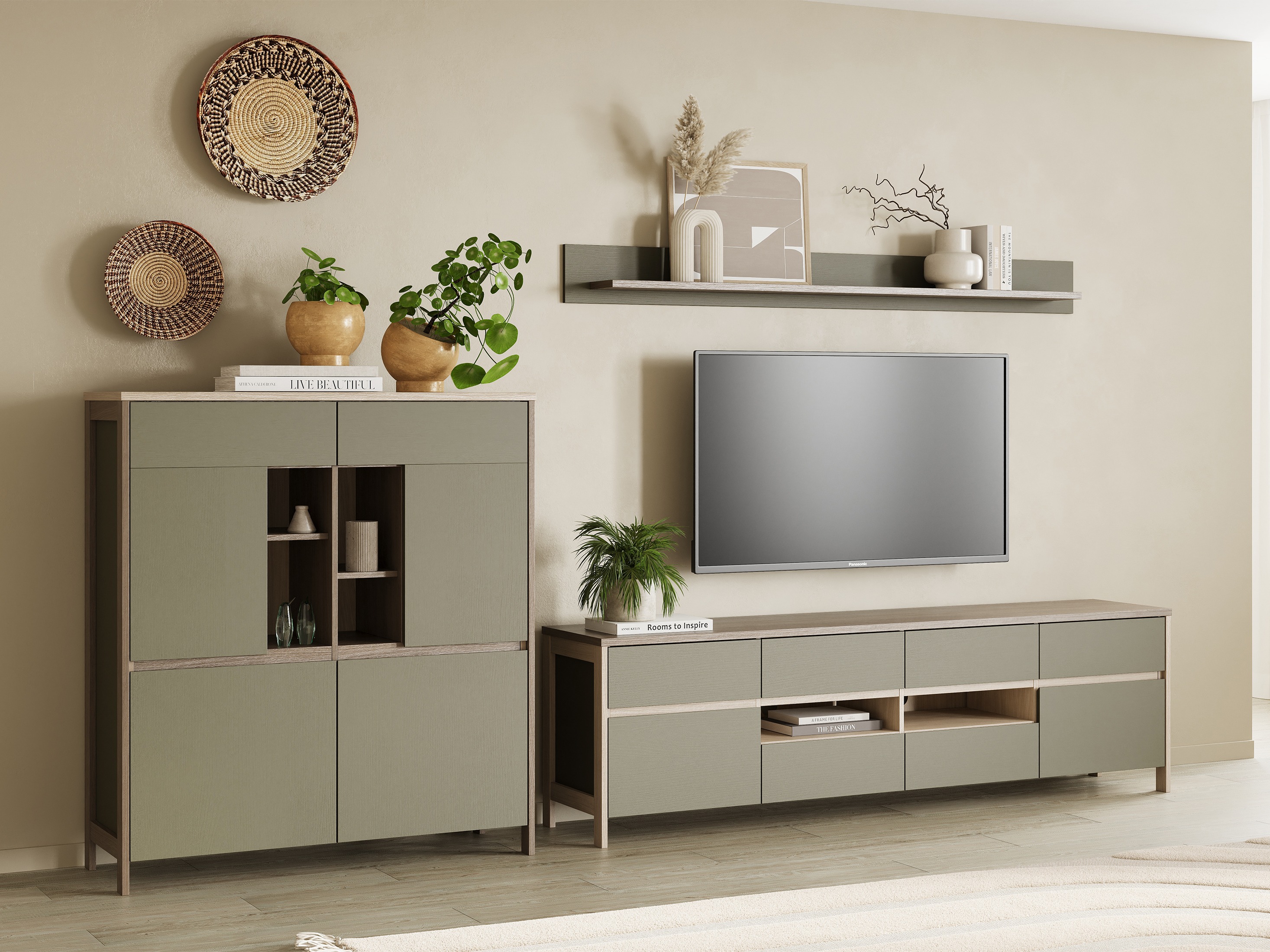 Conjunto de salón Fermaru 112 (Verde polvoriento + Roble)