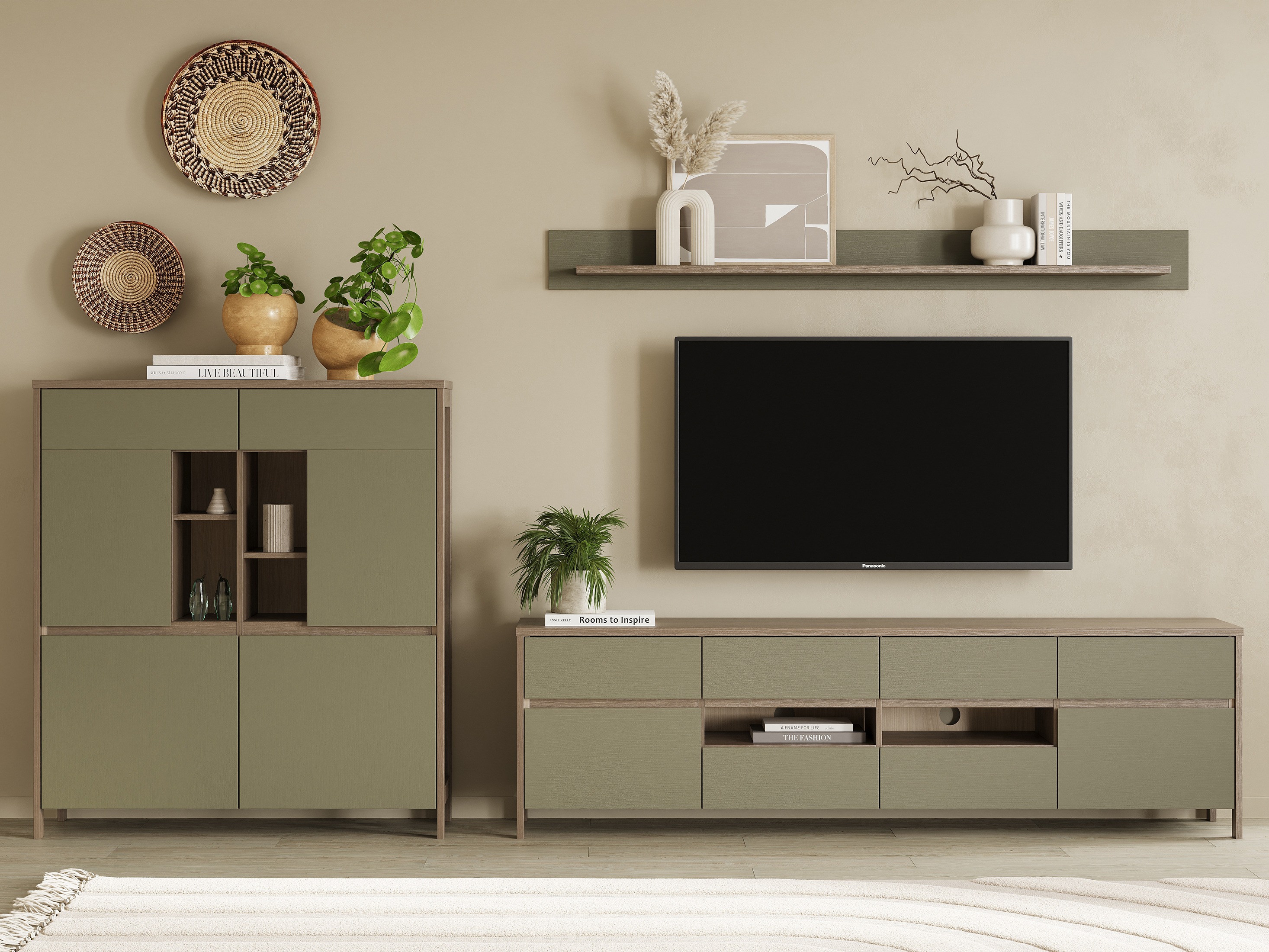 Conjunto de salón Fermaru 112 (Verde polvoriento + Roble)