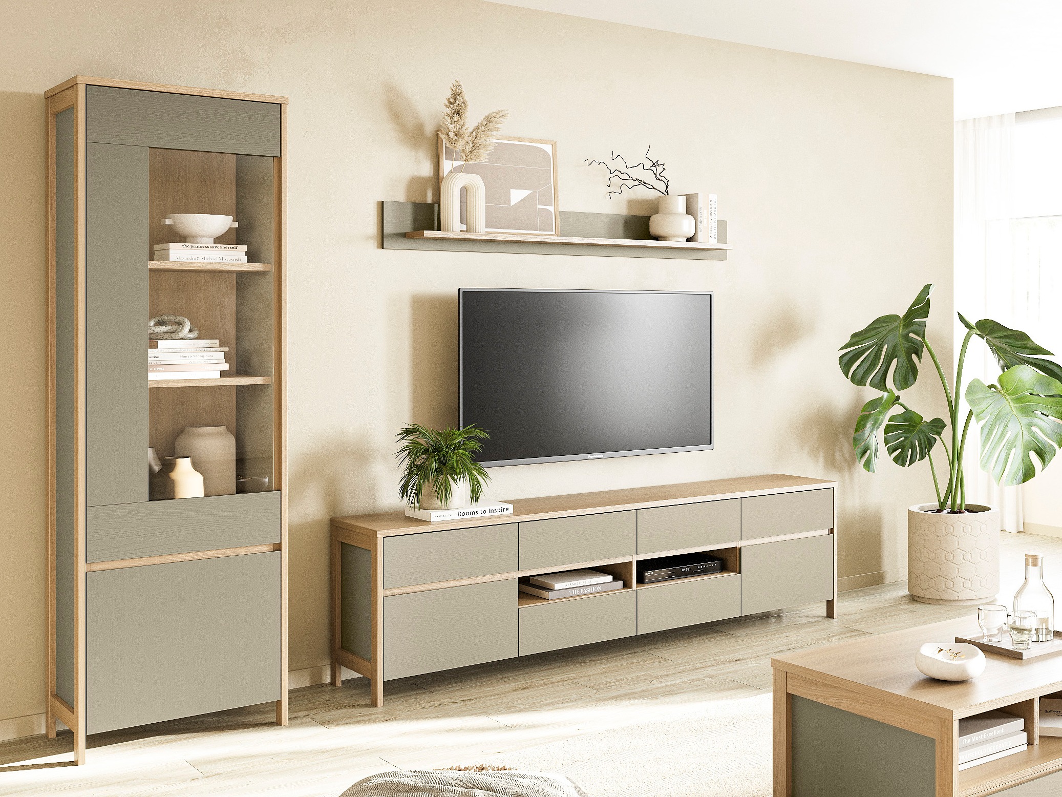 Conjunto de salón Fermaru 113 (Verde polvoriento + Roble)