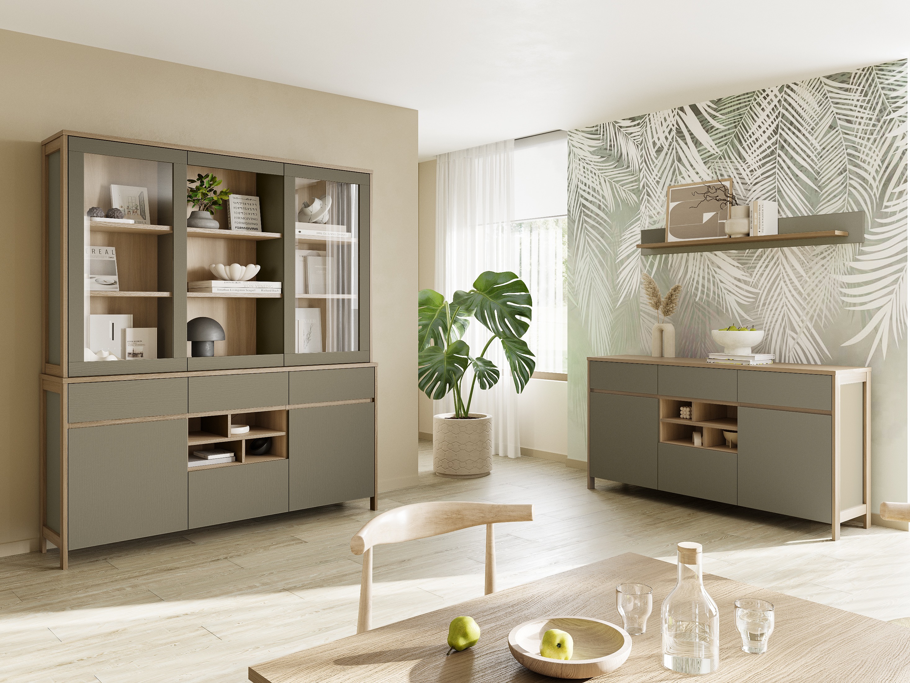 Estantería de pared Fermaru 108 (Verde polvoriento + Roble)