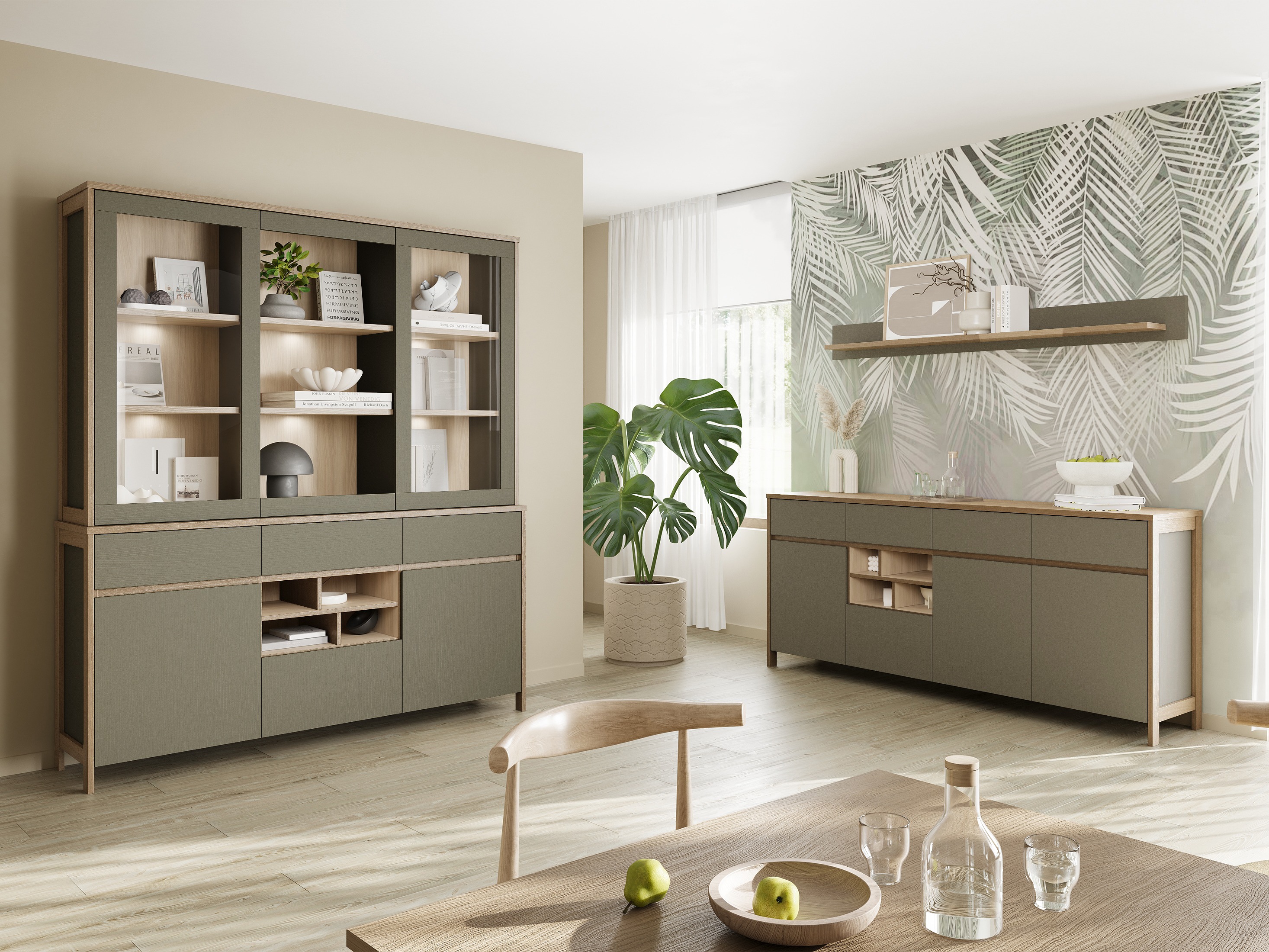 Estantería de pared Fermaru 109 (Verde polvoriento + Roble)