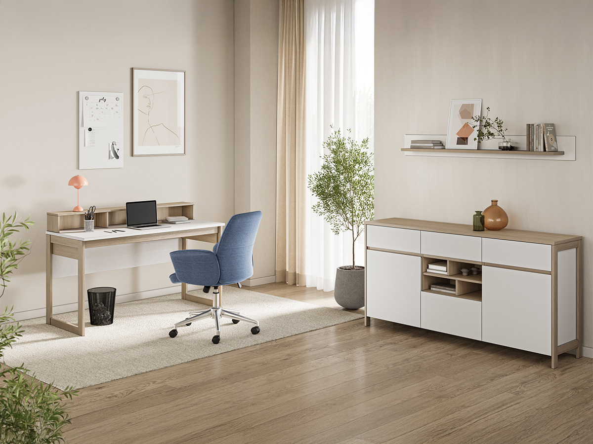 Conjunto para oficina en casa Fermaru 116 (Blanco + Roble)