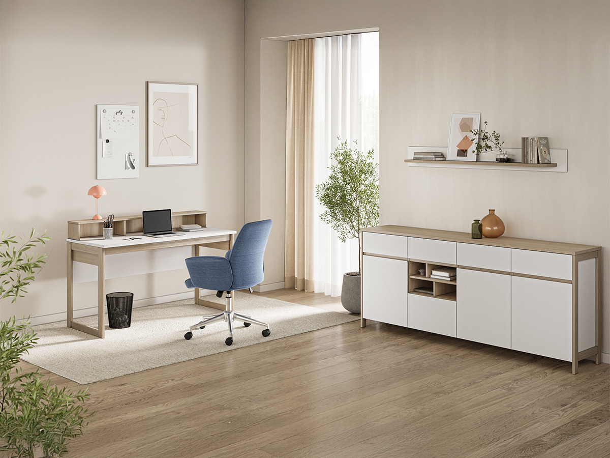 Conjunto para oficina en casa Fermaru 117 (Blanco + Roble)